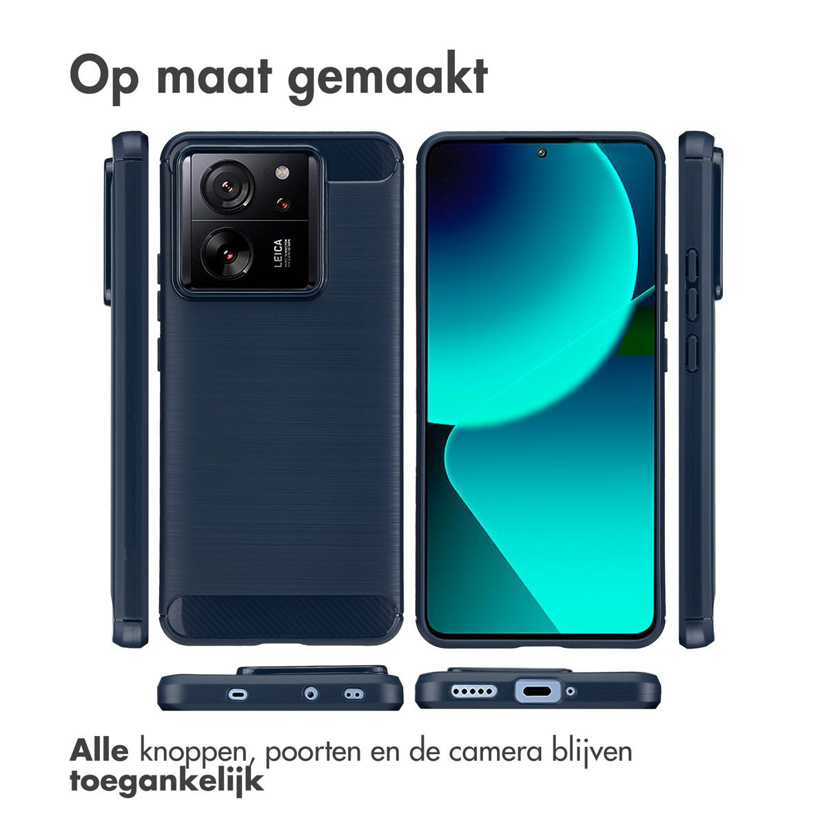 Coque de téléphone bleu foncé et téléphone sur blanc. Texte en haut : 'Sur mesure'. Texte en bas : 'Tous les boutons, ports et appareil photo restent accessibles'.