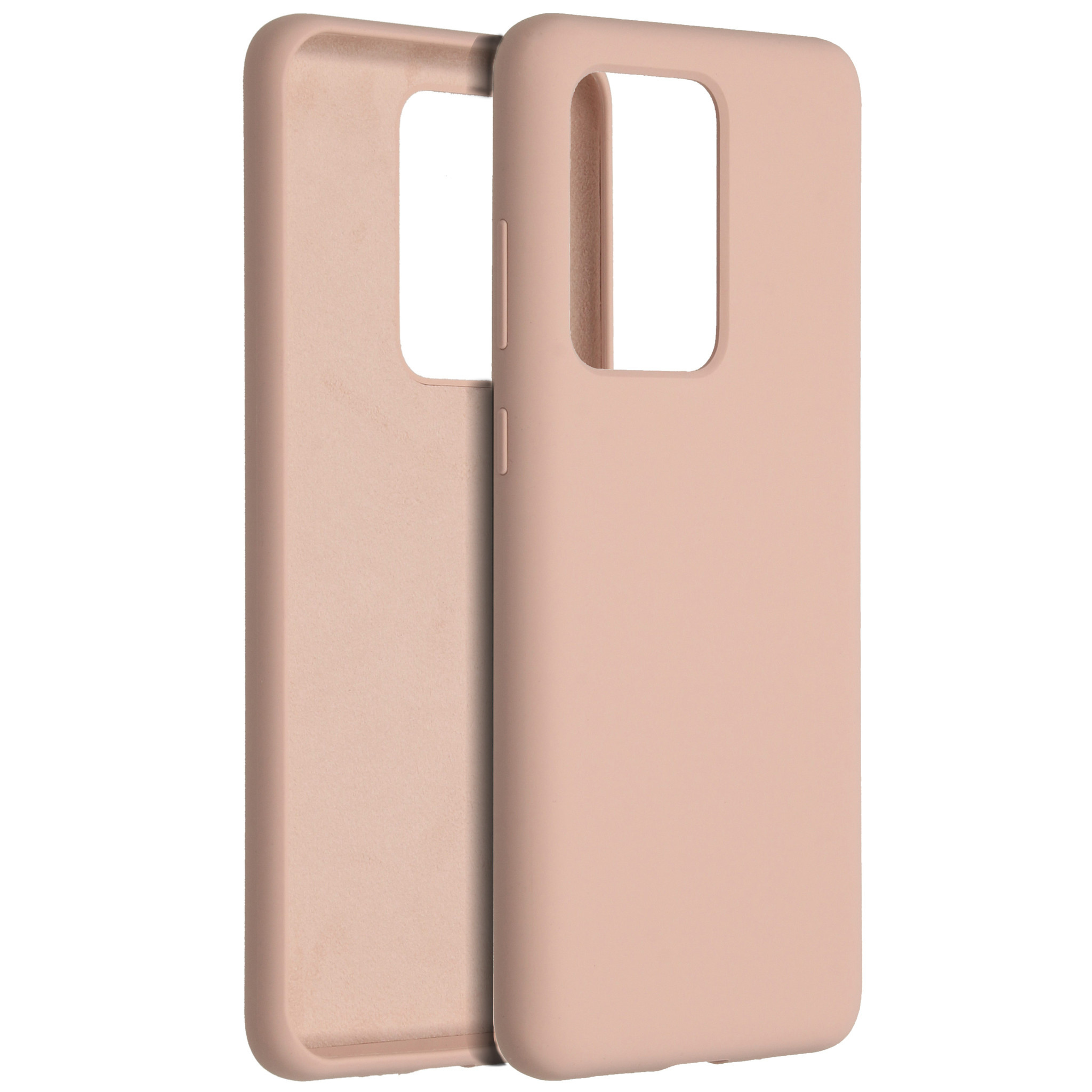 Twee telefoonhoesjes, één open. Beide zijn roze, met uitsparingen voor de camera en knoppen. Witte achtergrond.