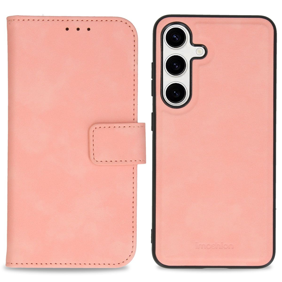 Roze telefoonhoesje en portemonnee. De hoes heeft een camera-uitsparing. De portemonnee heeft een flap en een knoopsluiting.