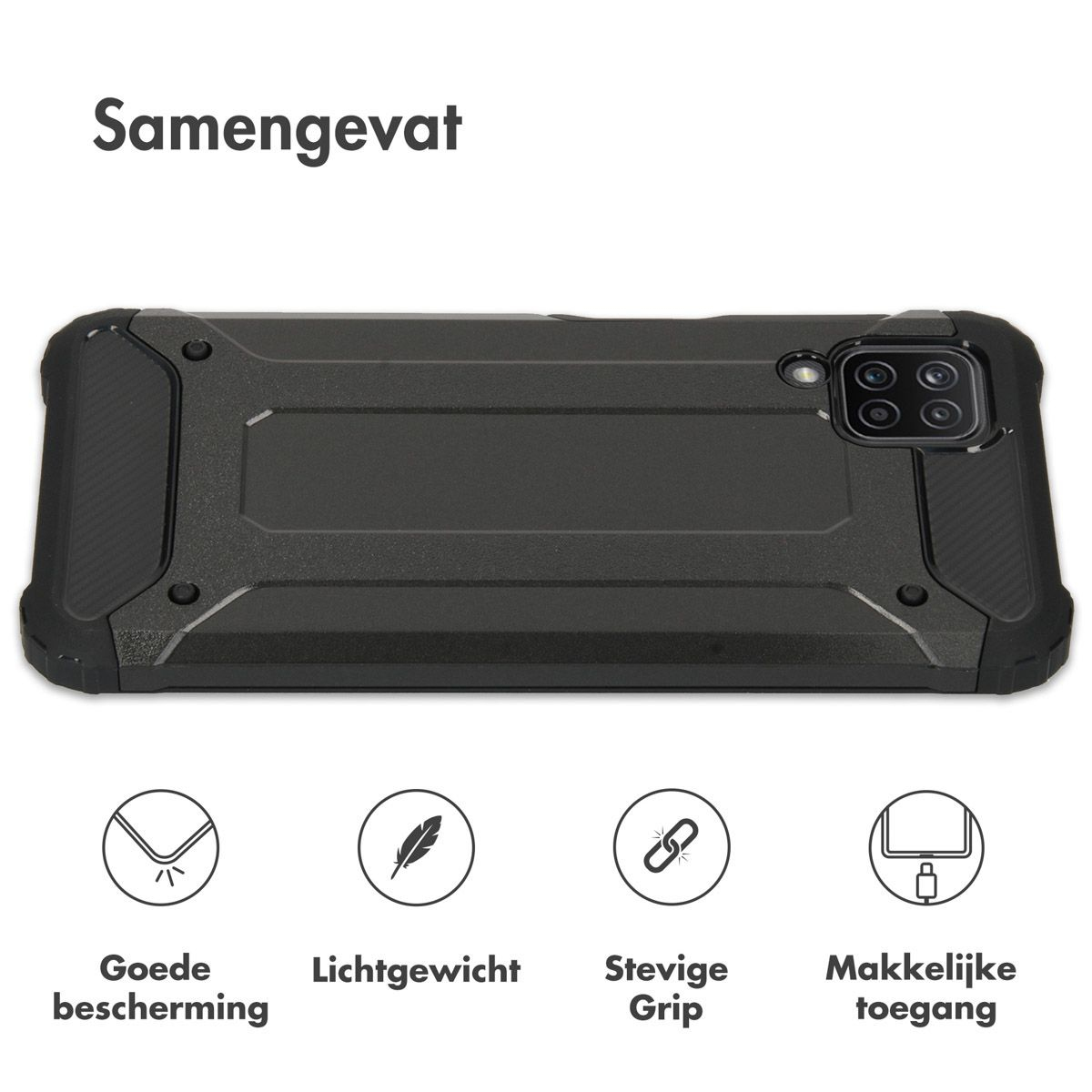 Een donkergrijze telefoonhoes wordt op een wit oppervlak weergegeven. De hoes heeft een gestructureerd ontwerp en vier pictogrammen eronder.