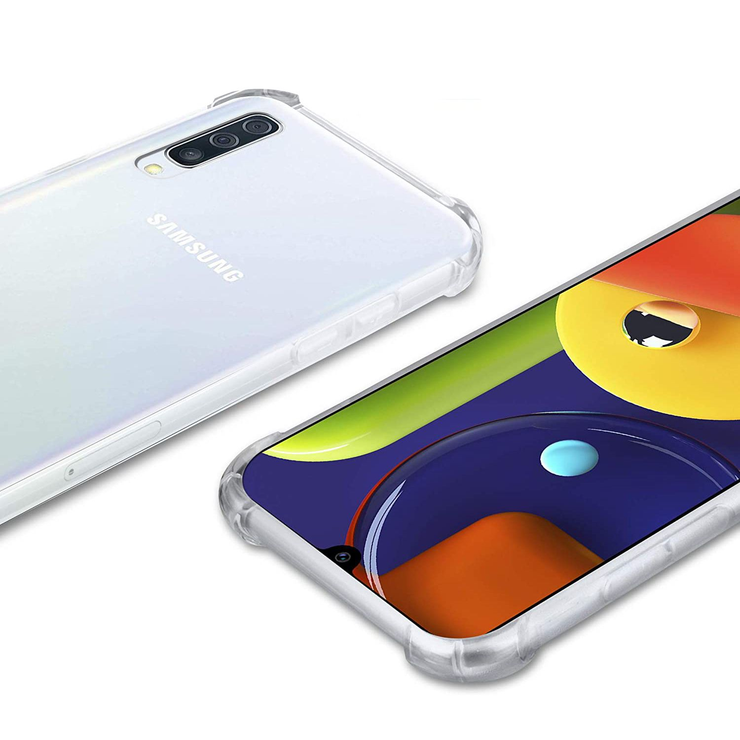 Twee smartphones in beschermhoesjes. Eén witte Samsung telefoon en één met een kleurrijk scherm. Beide in doorzichtige hoesjes.