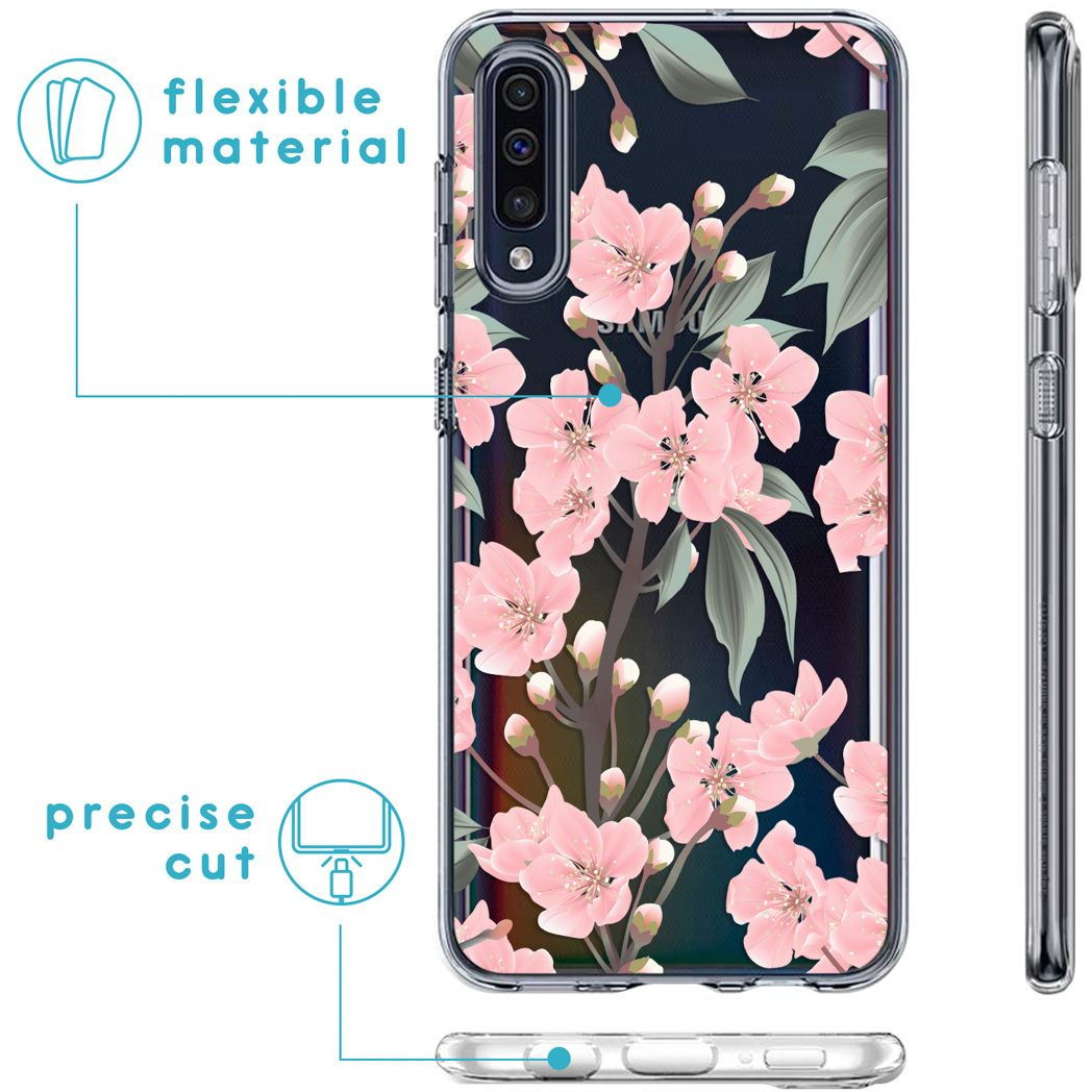 Coque de téléphone transparente avec fleurs de cerisier roses et feuilles vertes sur fond noir. Vue latérale de la coque.