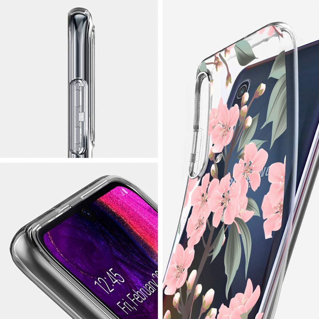 Coque de téléphone transparente avec motif de fleurs roses. Des sections montrent des détails latéraux et d'angle. Le téléphone affiche l'heure et la date.