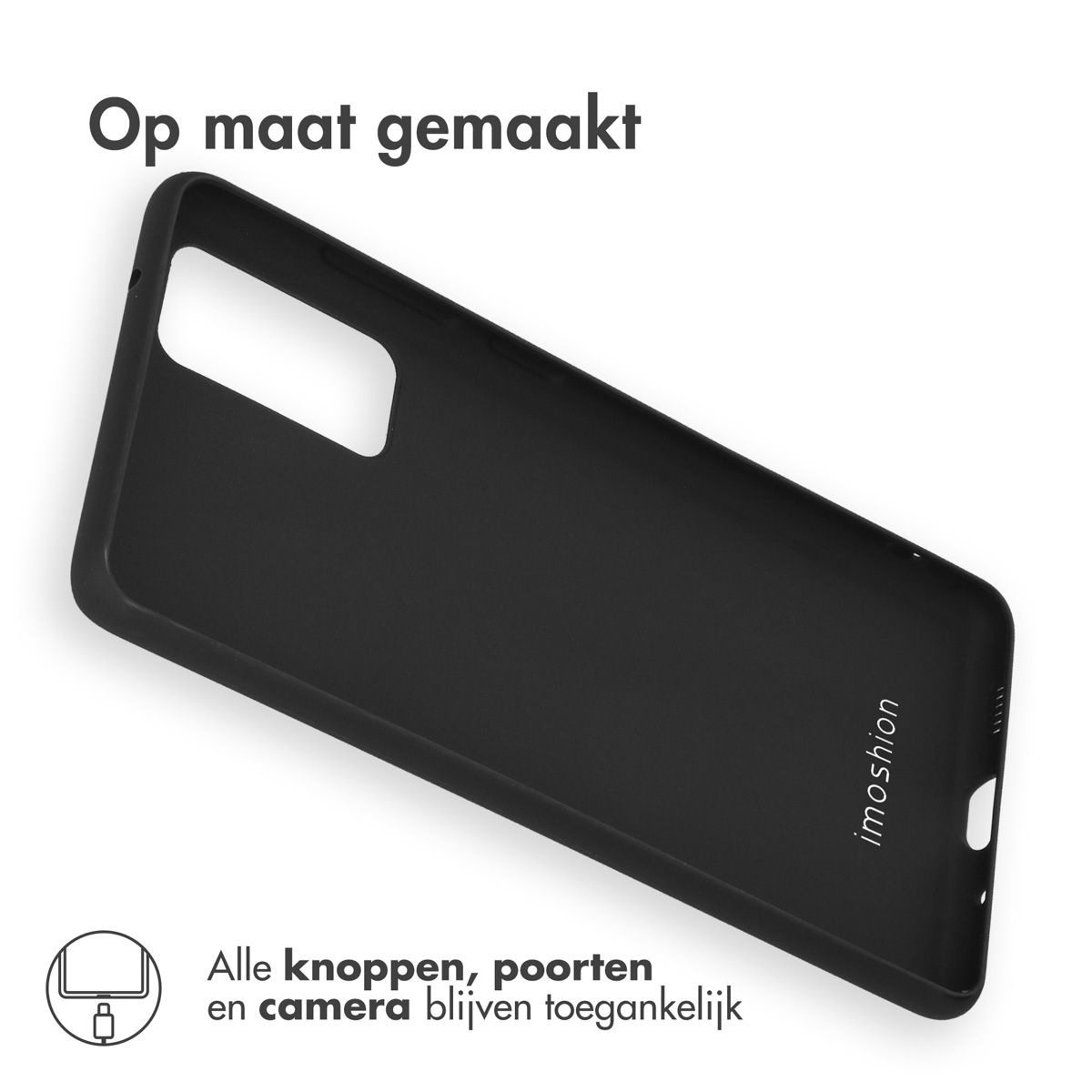 Een zwarte telefoonhoes met de tekst 'Op maat gemaakt'. De hoes heeft een camera-uitsparing en de merknaam 'imoshion'.