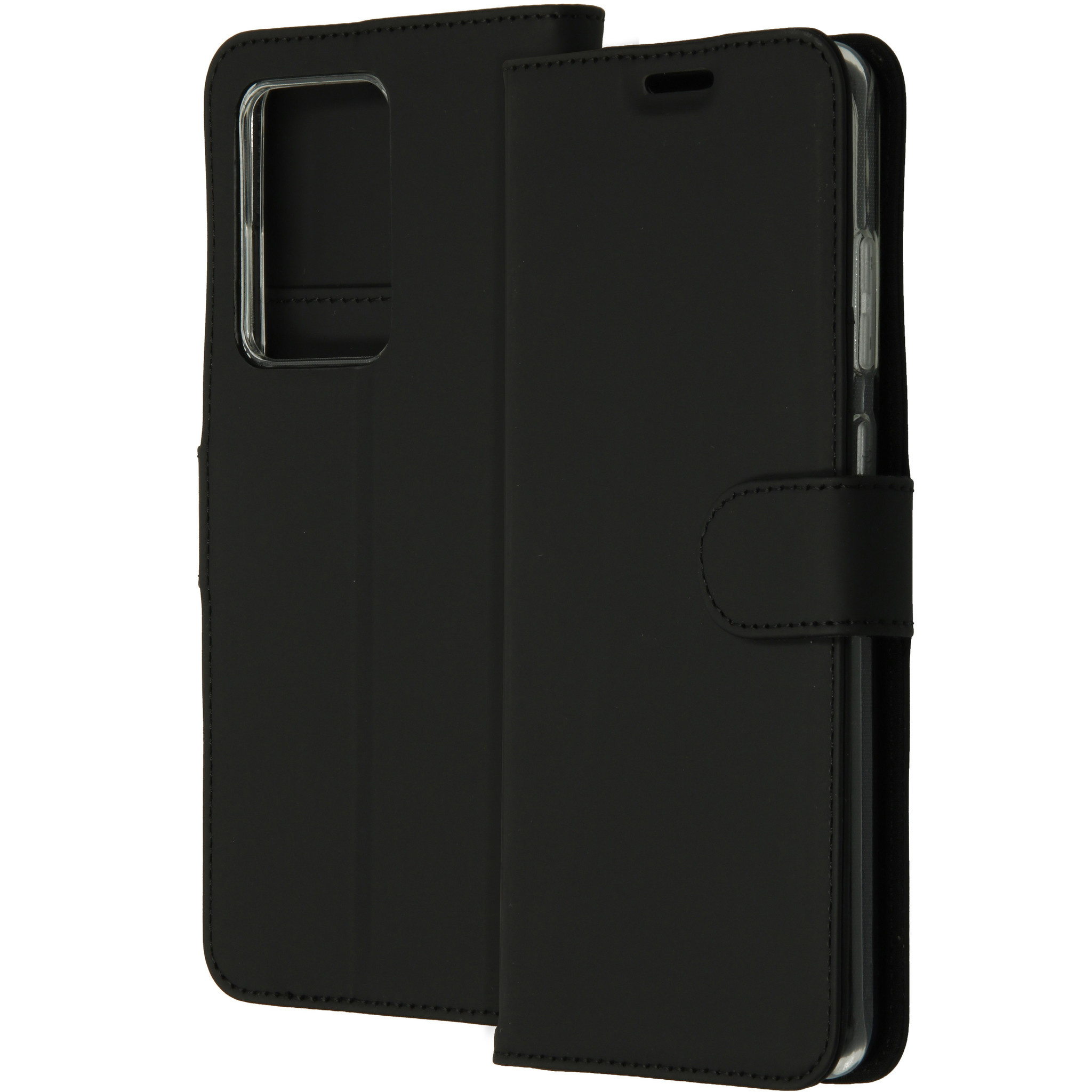 Zwarte telefoonhoes, open, met een doorzichtige telefoonhouder. Een flap met magnetische sluiting aan de rechterkant.