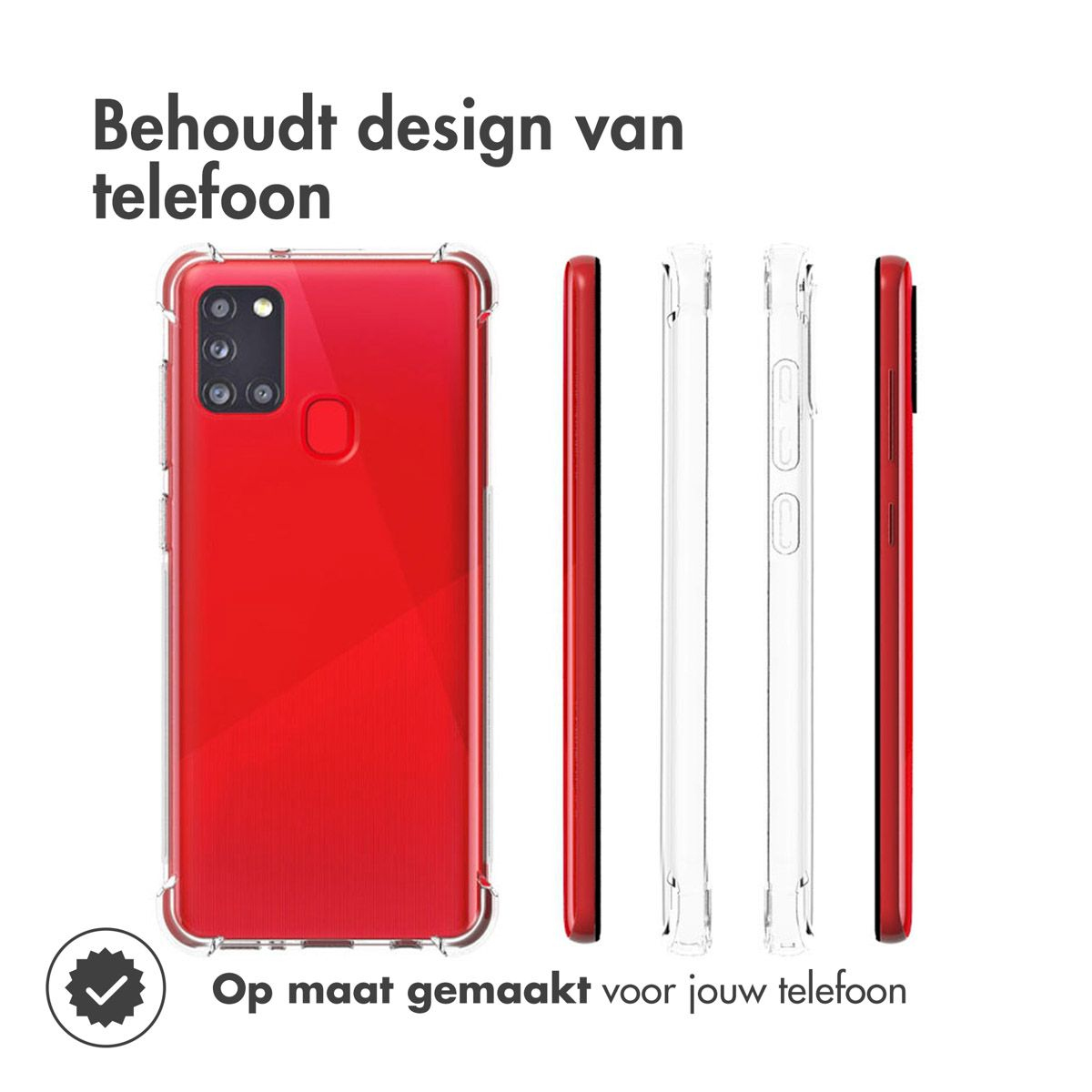 Afbeelding toont een rode telefoon met een doorzichtige hoes en twee andere hoesjes. Tekst zegt 'Behoudt telefoonontwerp' en 'Gemaakt voor uw telefoon'.