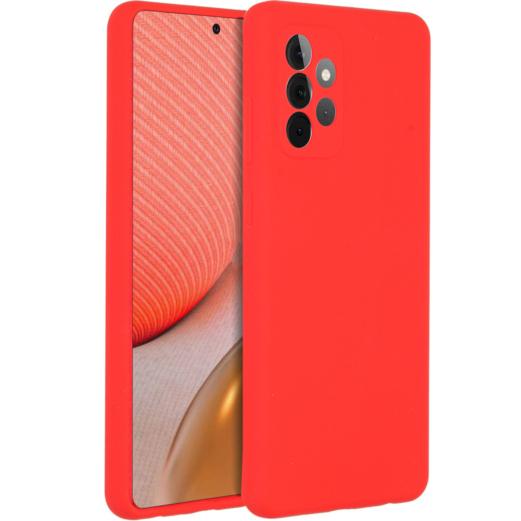 Een rode telefoonhoes bedekt gedeeltelijk een smartphone. De hoes heeft cameragaten. Het scherm toont een gestructureerd ontwerp.