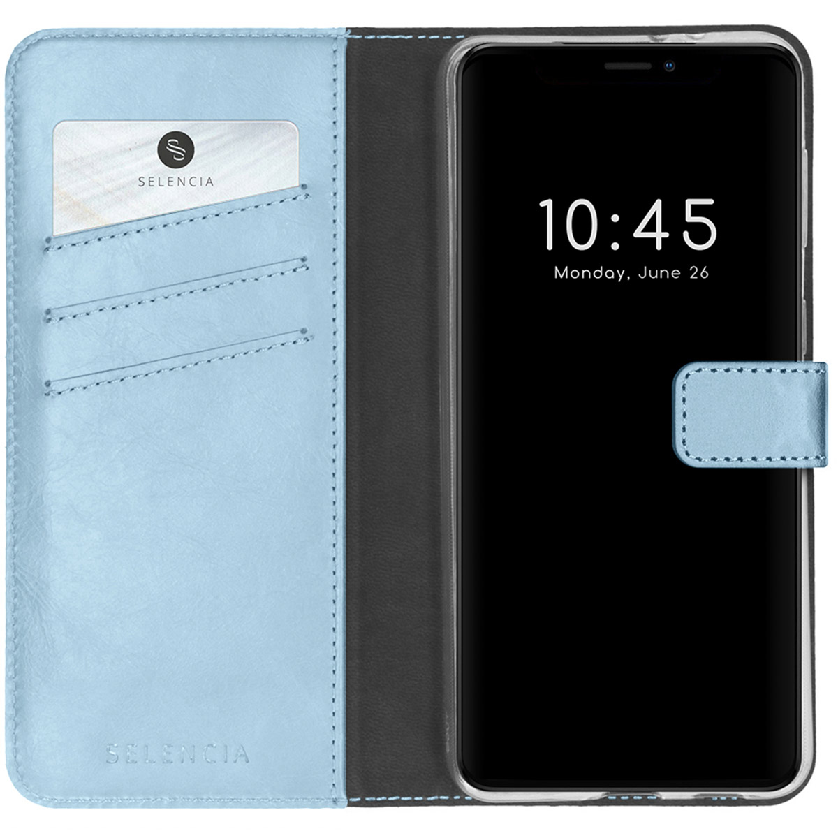 Ein Telefon in einer blauen Lederhülle. Der Bildschirm zeigt 10:45 an. Eine Karte mit "Selencia" befindet sich im Etui.