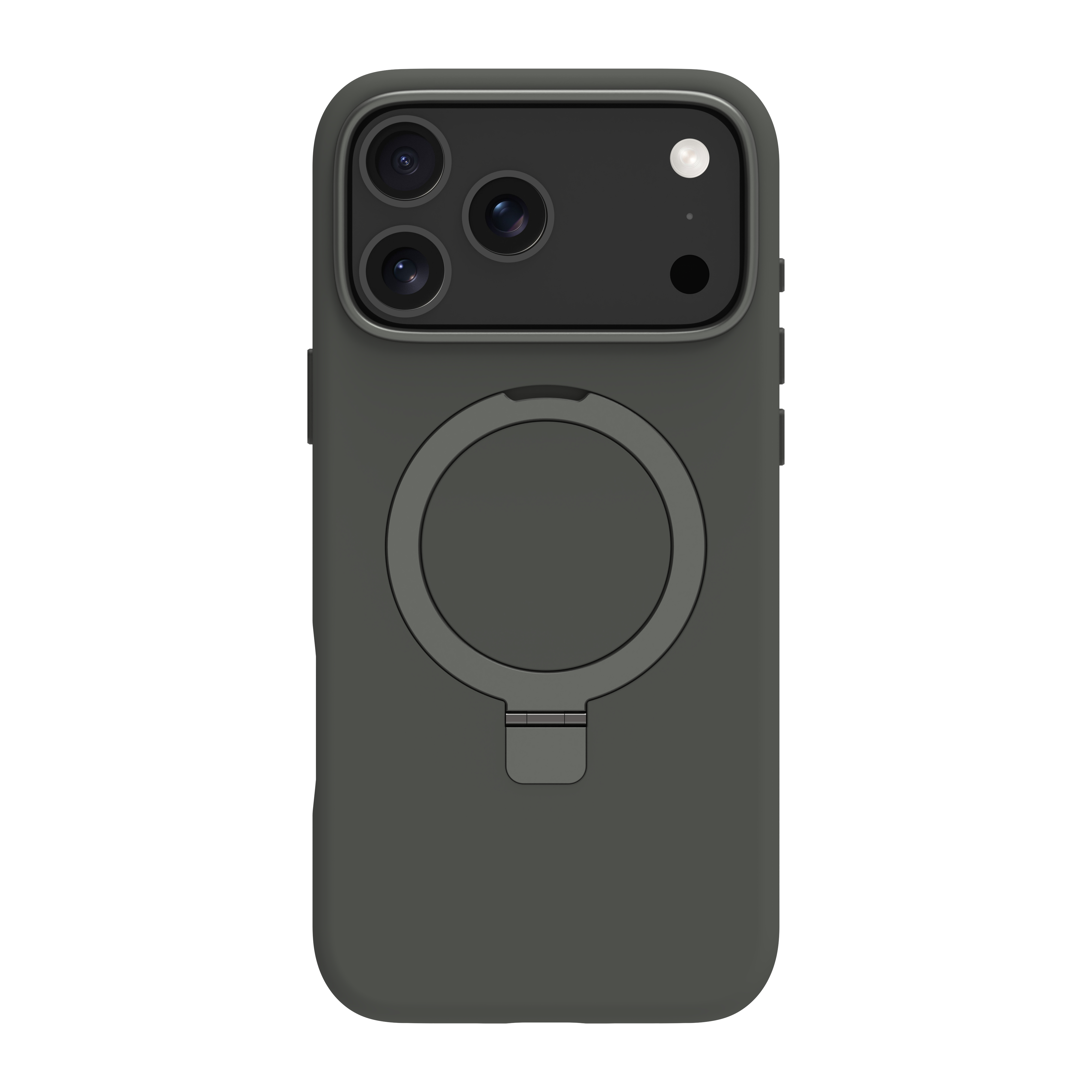 Custodia per telefono grigio scuro con modulo fotocamera. Ha un supporto ad anello e sfondo bianco.