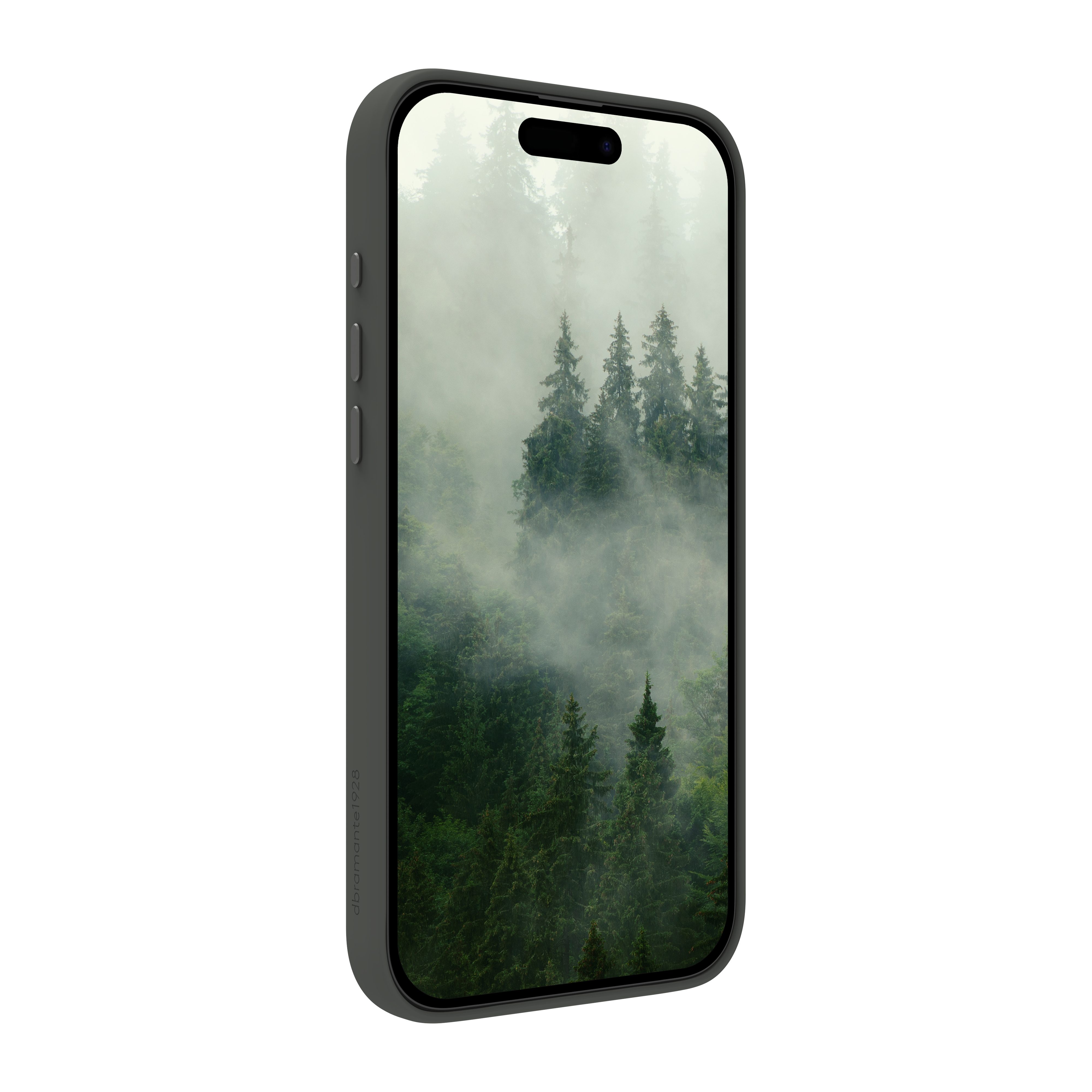 Il telefono mostra una scena di foresta nebbiosa. Il telefono è grigio scuro. Lo sfondo è bianco.