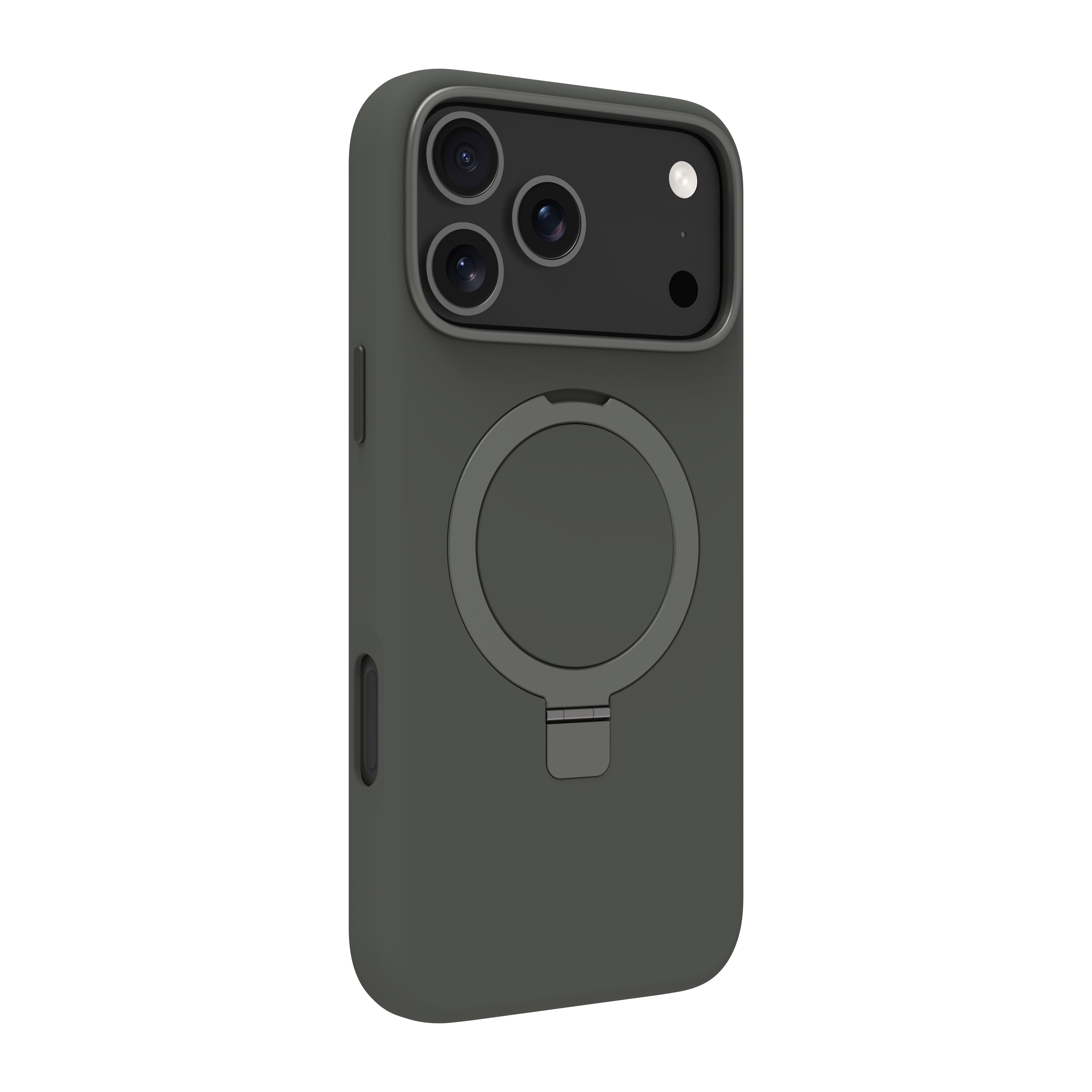 Una custodia per telefono grigio scuro con un supporto circolare e tre obiettivi della fotocamera. Lo sfondo è bianco.