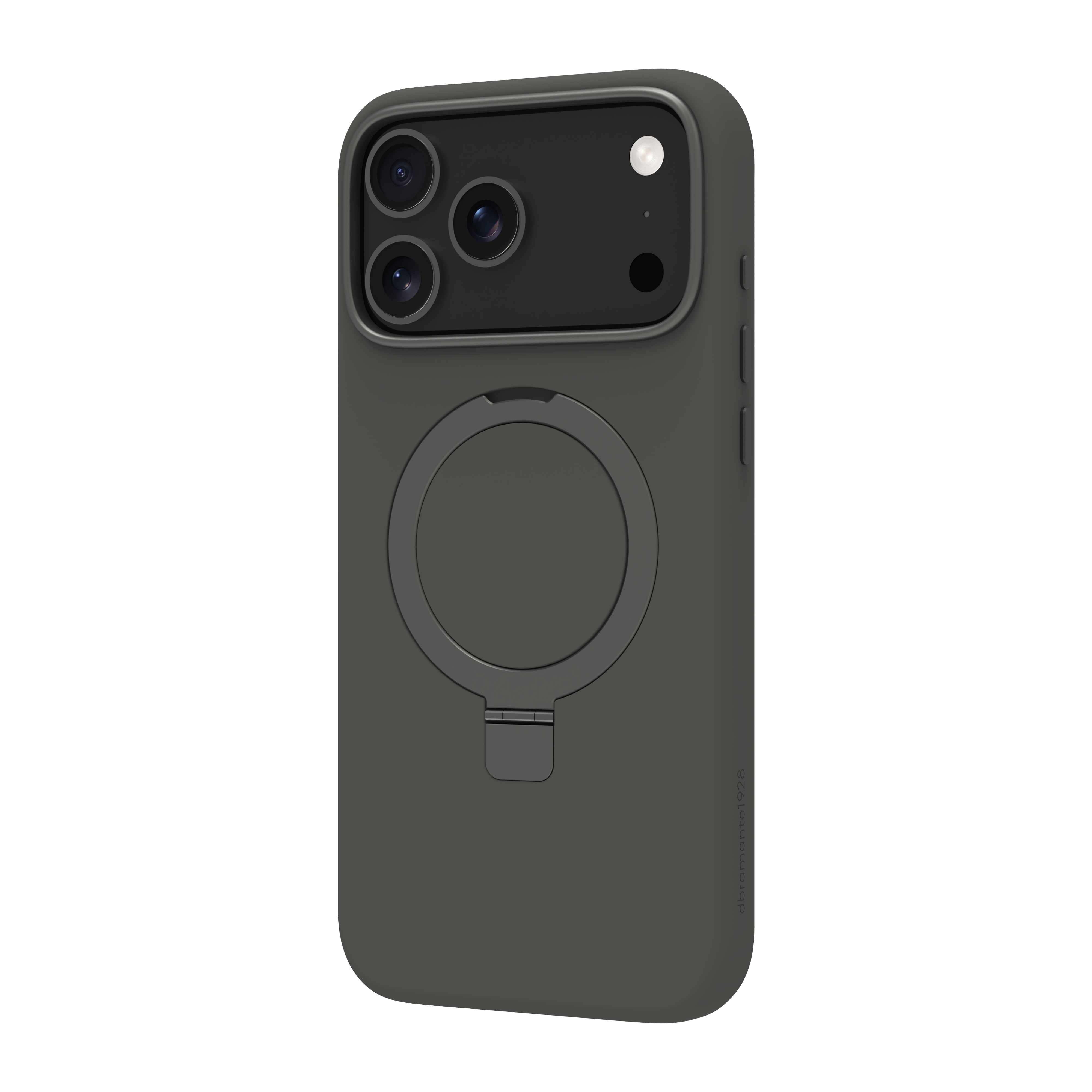 Una custodia per telefono grigio scuro con un supporto ad anello attaccato. Ha tre obiettivi e un flash.
