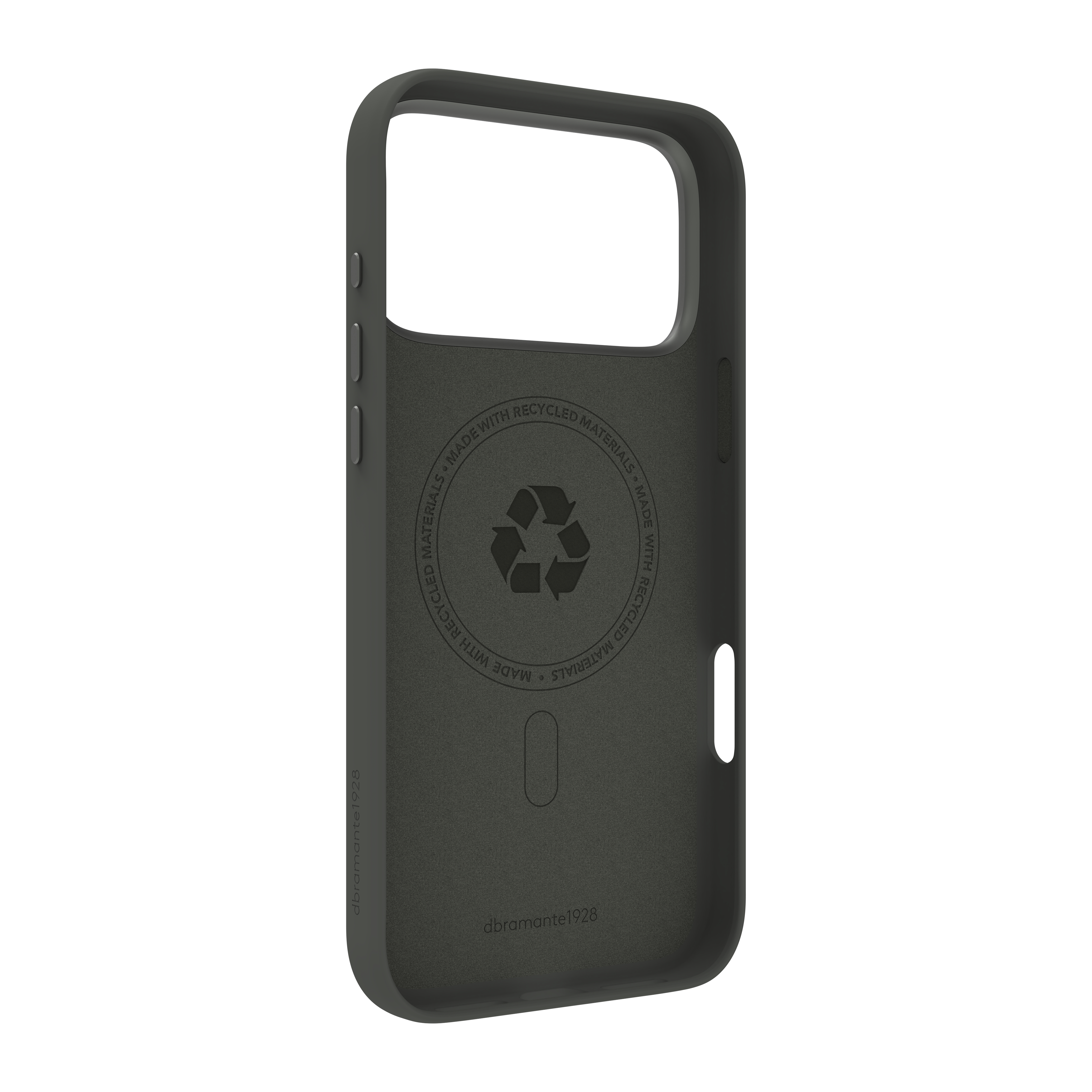 Una custodia per telefono grigio scuro. Ha un ritaglio per la fotocamera e un logo di riciclaggio. Il testo recita 'Realizzato con materiali riciclati'.