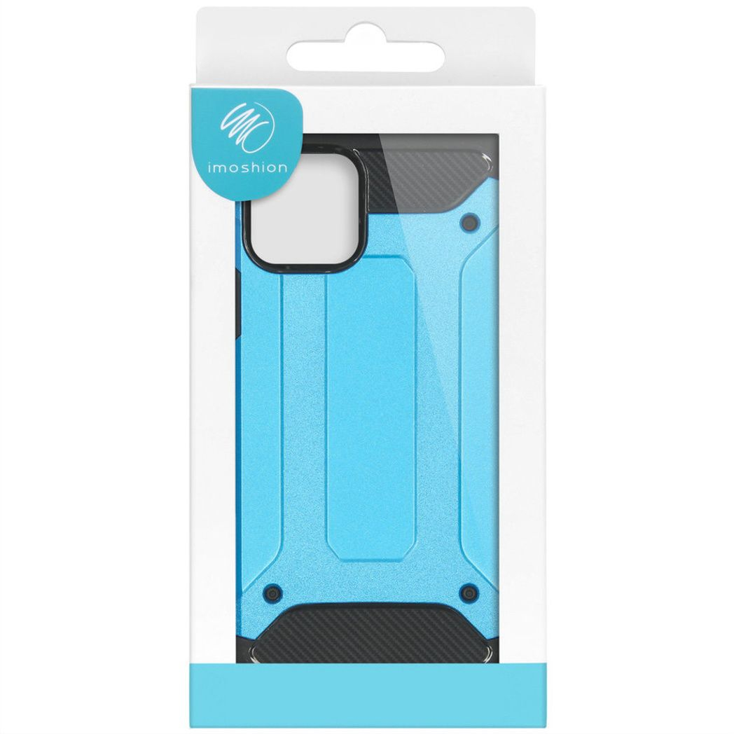 Een telefoonhoesje in verpakking. De hoes is lichtblauw met zwarte accenten. De verpakking is wit en heeft het merklogo: imoshion.
