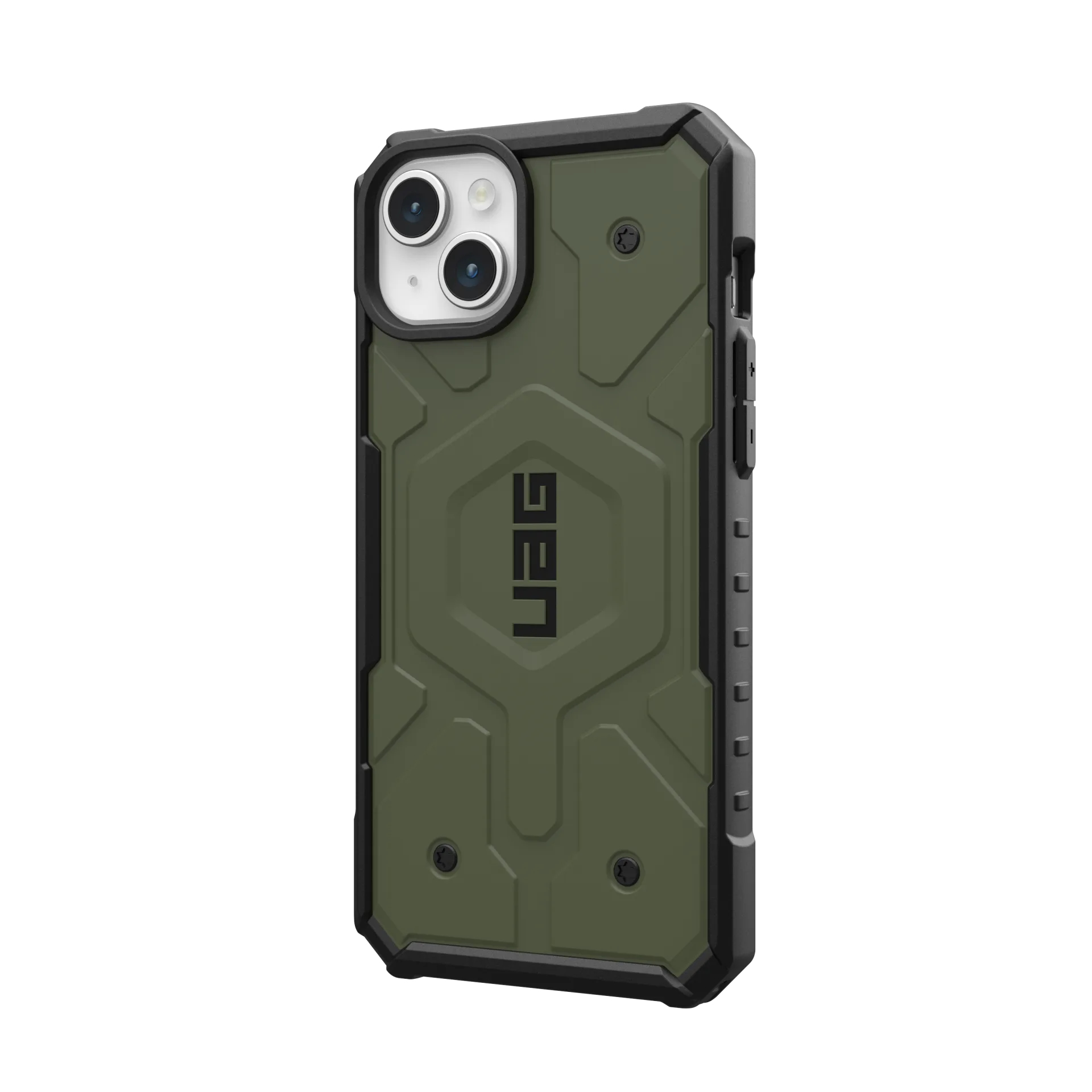 Custodia per telefono verde oliva con cornice nera. Logo UAG presente. Ha un ritaglio per doppia fotocamera.