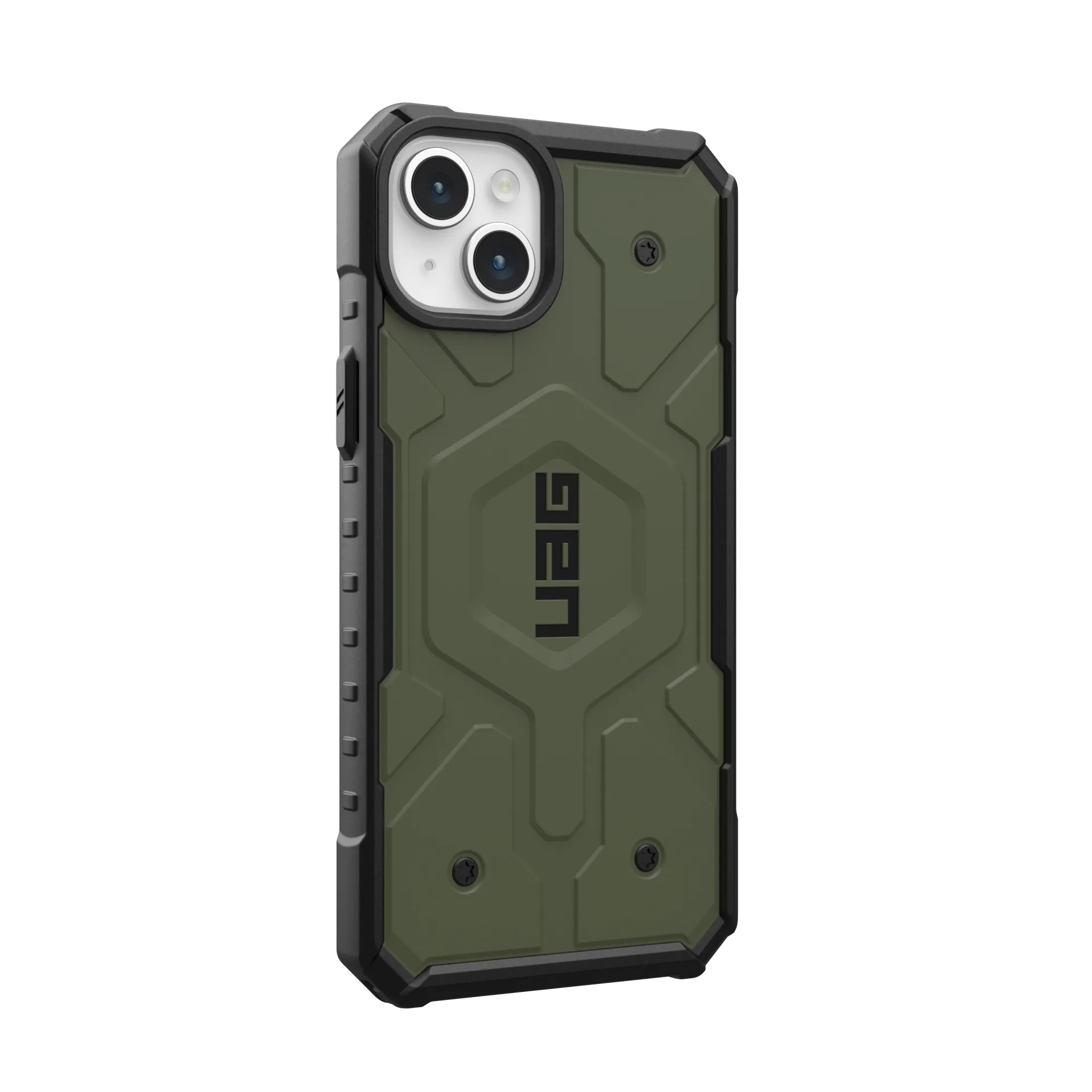 Custodia per telefono verde oliva con cornice nera. Presenta il logo UAG. Ha ritagli per la fotocamera.
