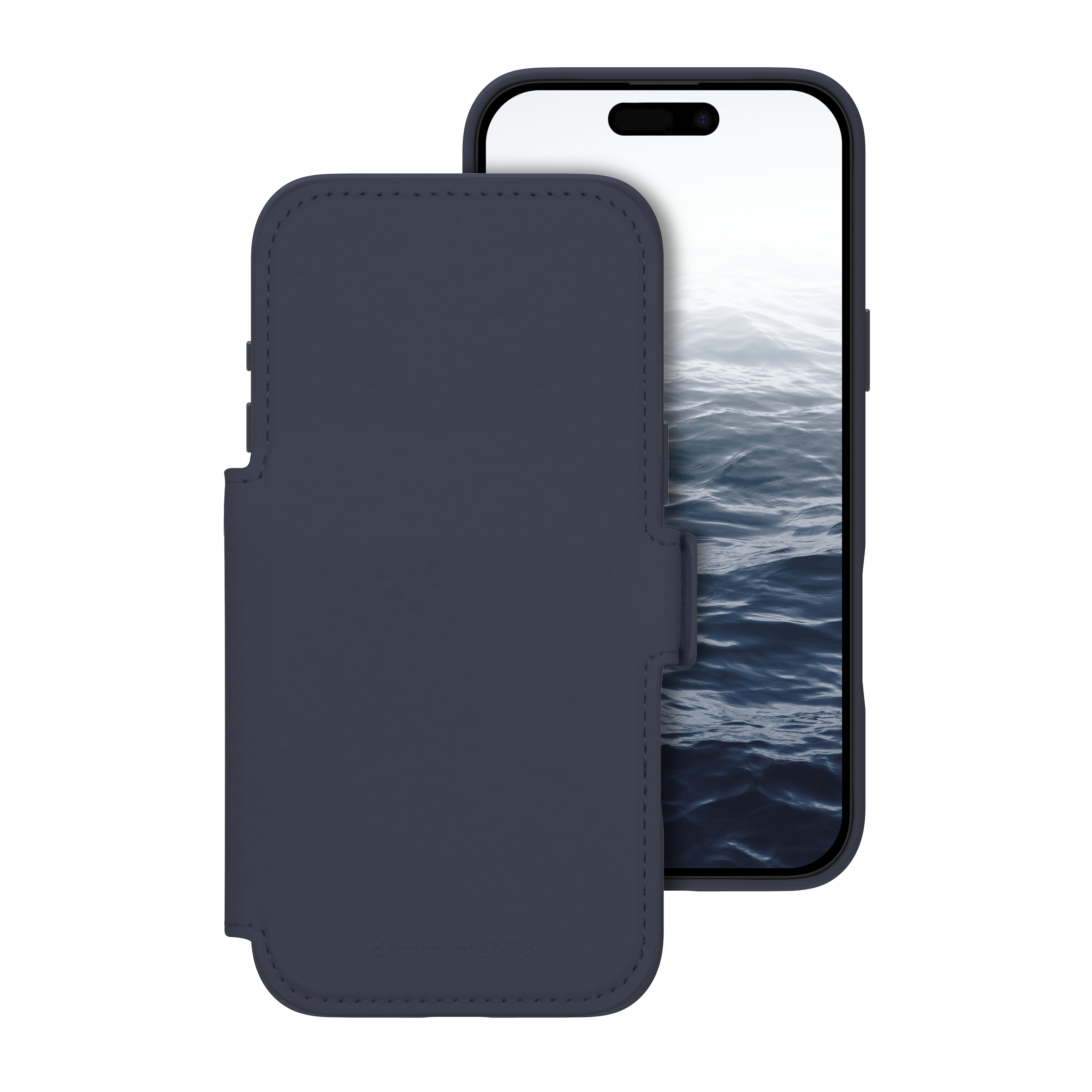 Una custodia per telefono blu scuro aperta, che mostra il telefono con un'immagine d'acqua sullo schermo. Sfondo bianco.