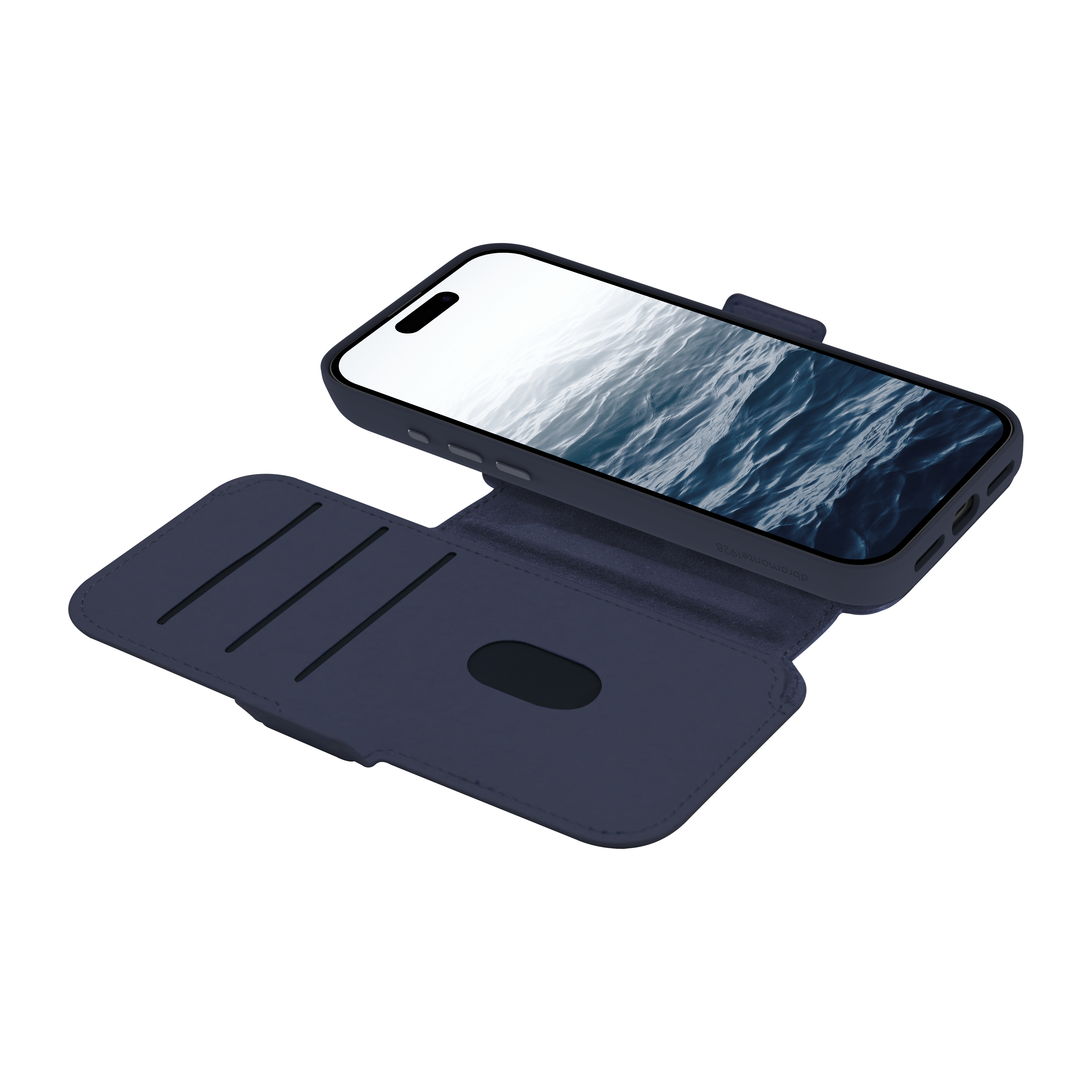 Una custodia blu navy è aperta, rivelando un telefono con un'immagine del mare sullo schermo. Sfondo bianco.