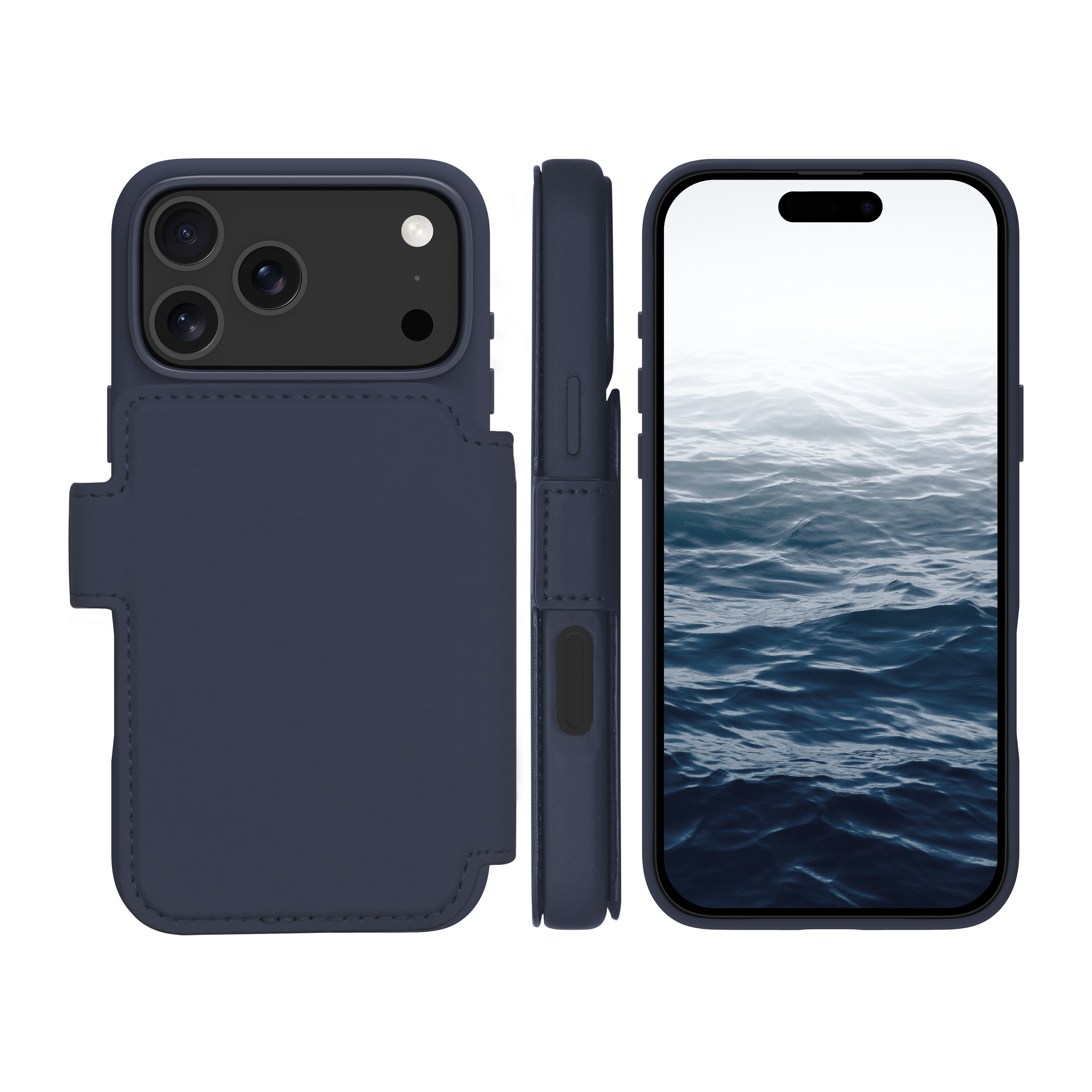 Tre viste di un telefono blu navy con custodia, che mostra le fotocamere posteriori e uno schermo con acqua.