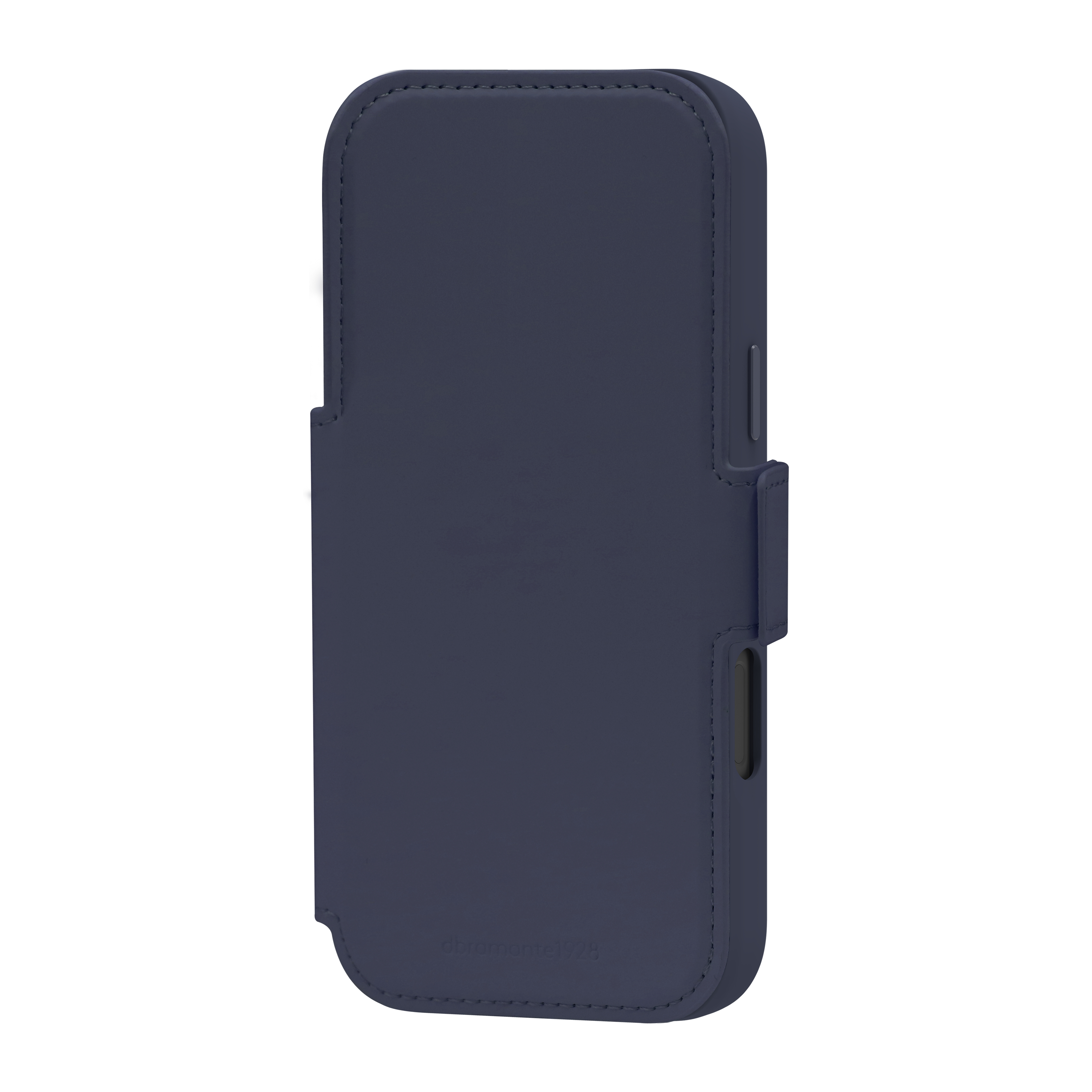 Una custodia per telefono in pelle blu scuro. Ha una chiusura a patta e dettagli di cucitura. Il marchio è visibile.