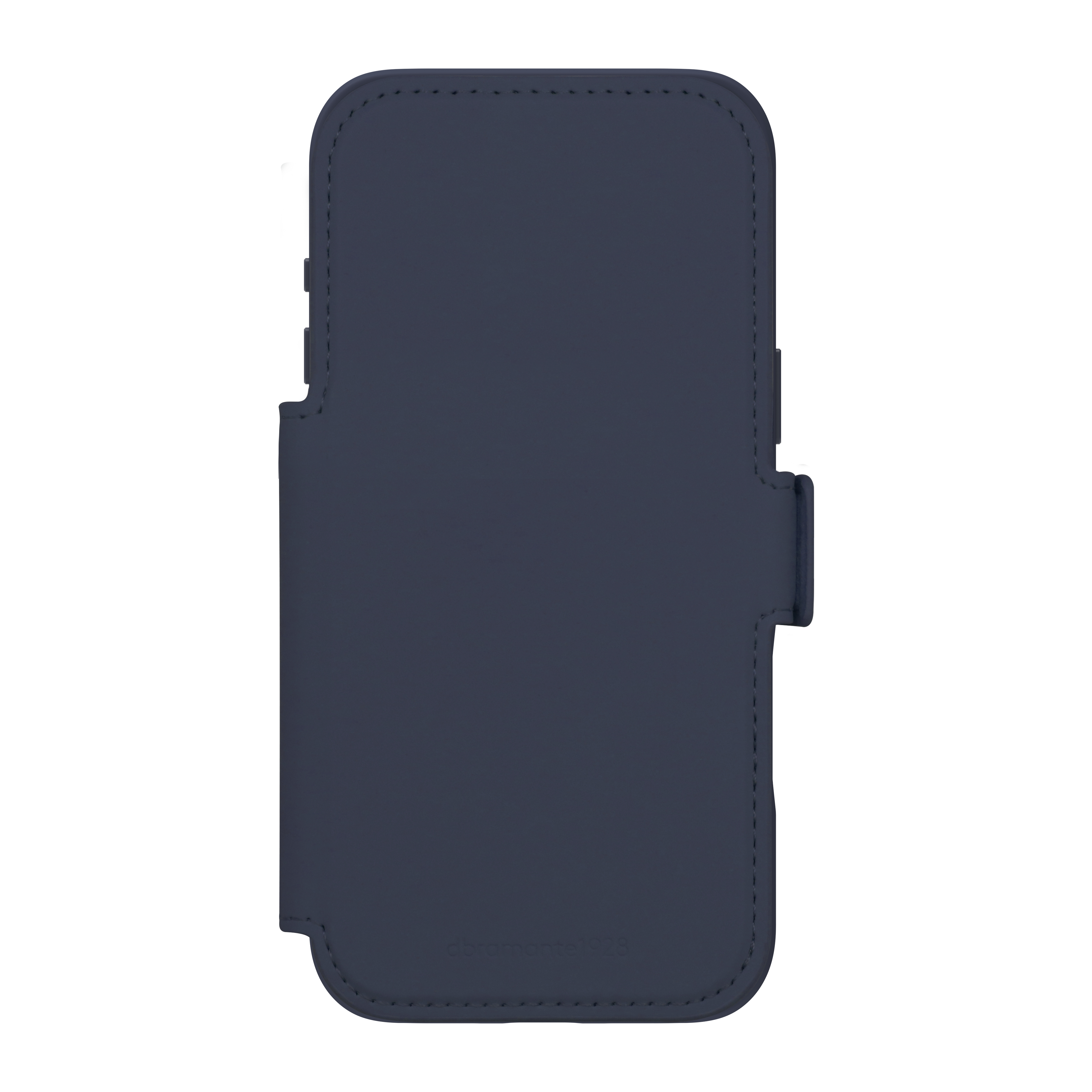 Una custodia per telefono blu navy è mostrata su sfondo bianco. Ha un bordo cucito e un fermaglio.