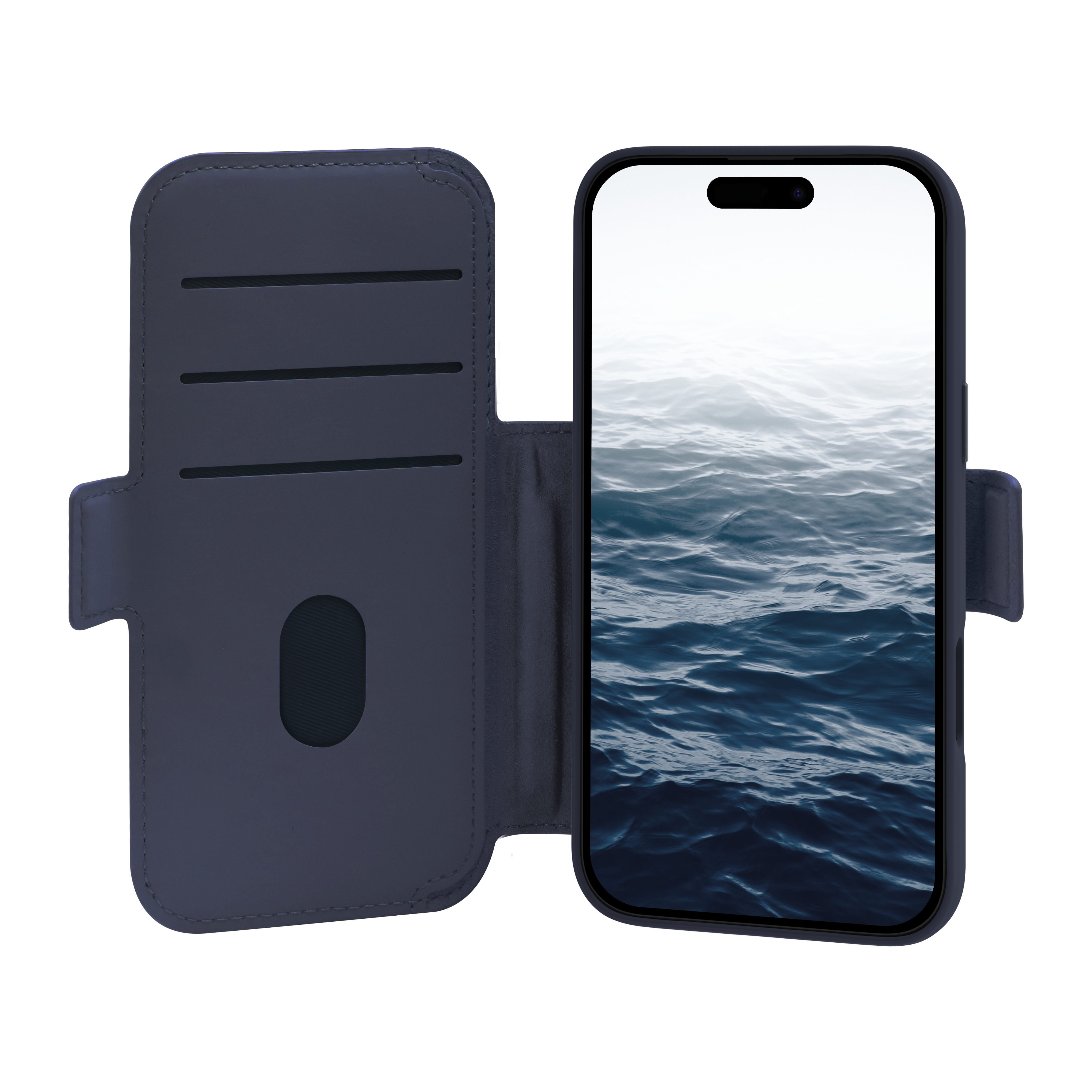 Custodia per telefono blu scuro aperta, che mostra il telefono con un'immagine del mare.
