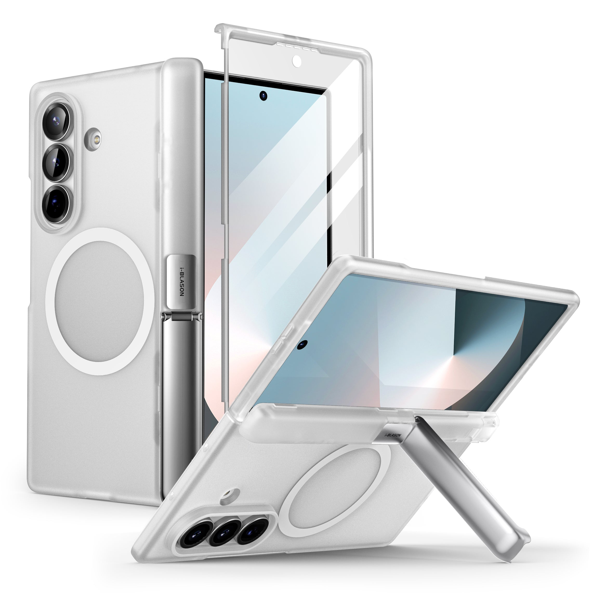 Custodie trasparenti per telefoni con supporti integrati. Una custodia è appoggiata, l'altra in posizione verticale. Entrambe mostrano schermi e fotocamere.