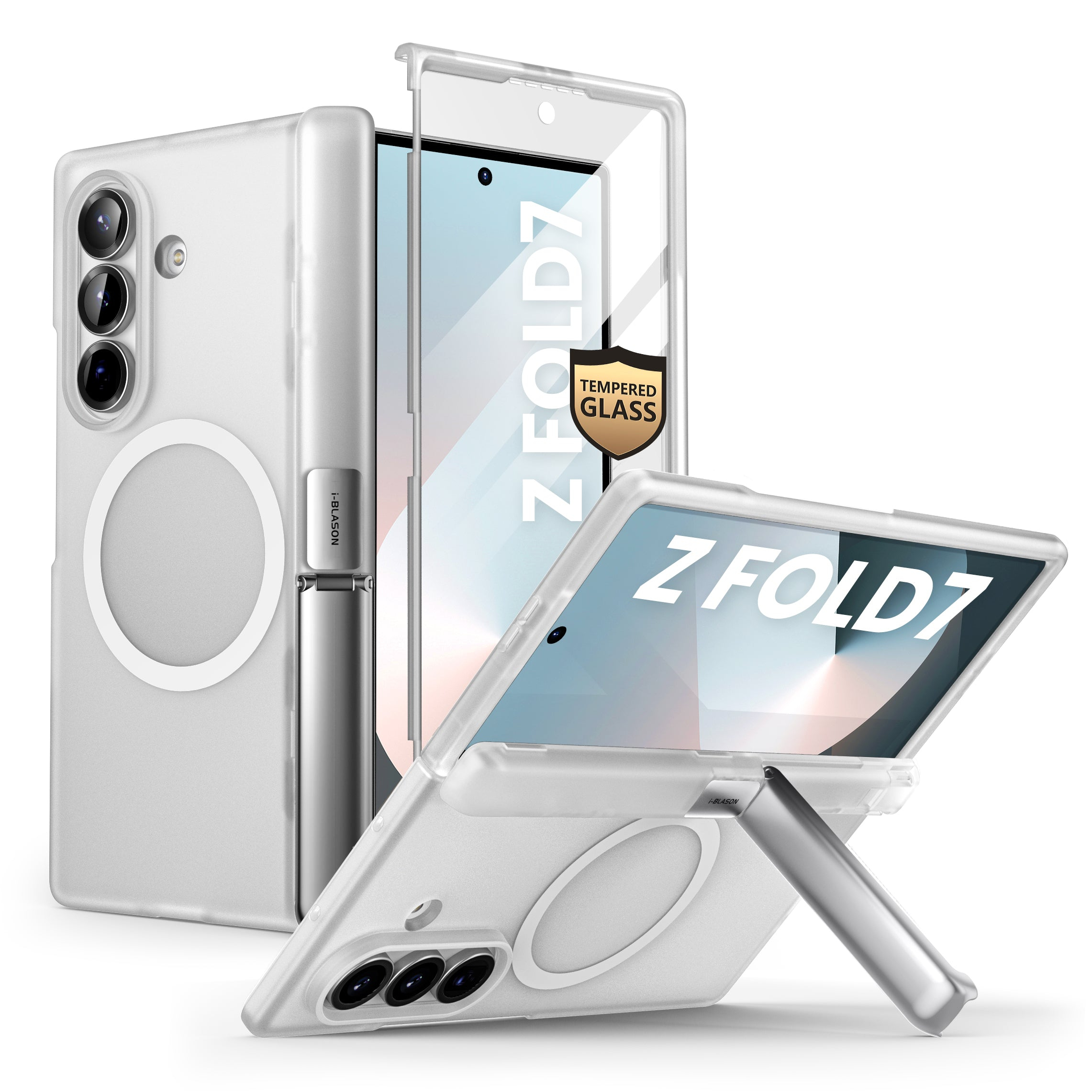 Una custodia bianca per telefono Z Fold7, con una copertura trasparente. Il telefono è bianco con un supporto metallico, che mostra il retro e il fronte.