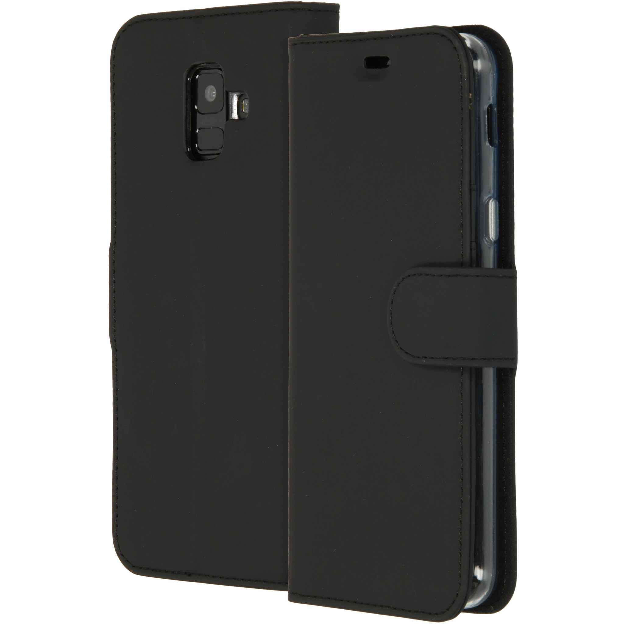 Un étui de téléphone noir, ouvert pour révéler le téléphone. L'étui est en cuir et possède une fermeture magnétique.