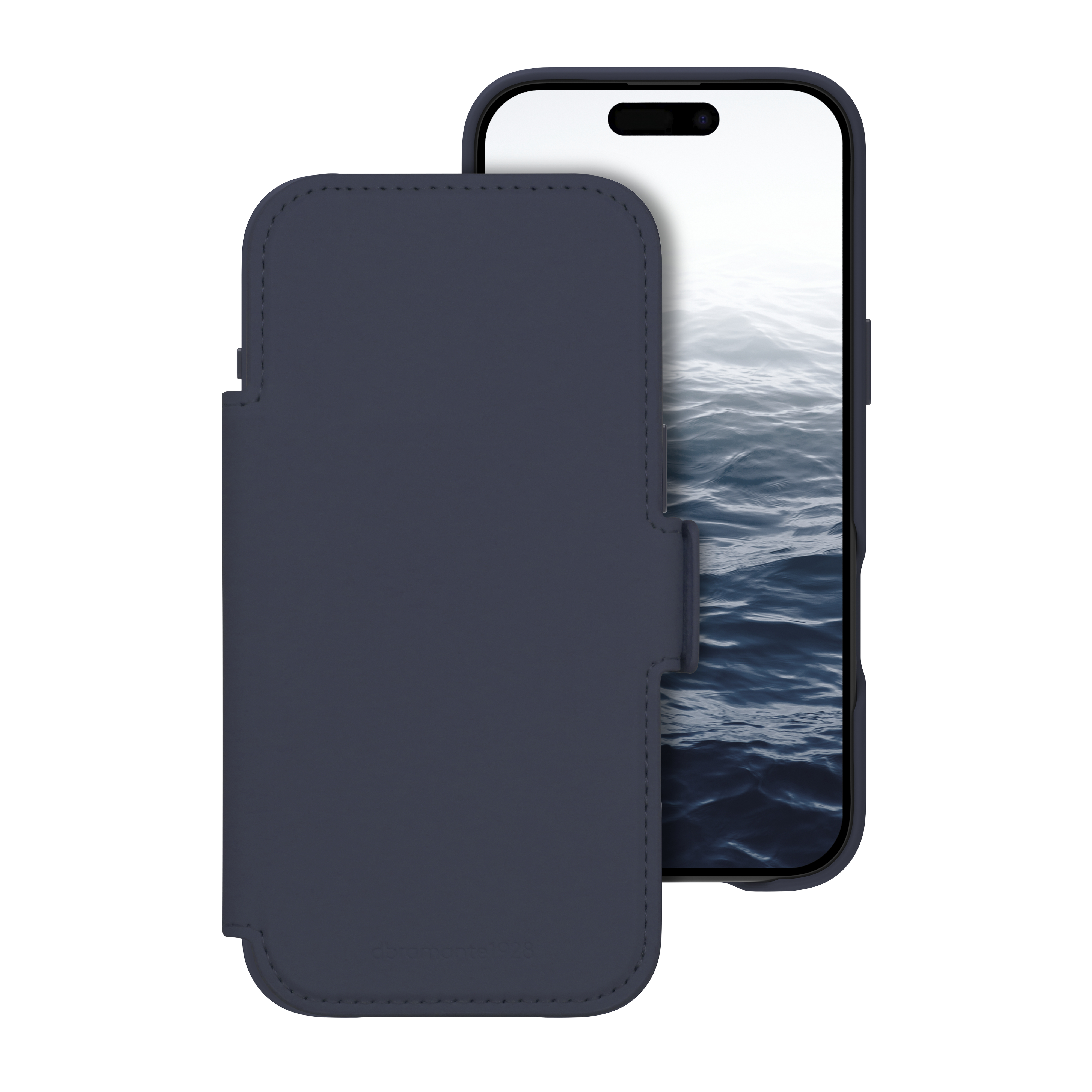 Una custodia blu navy con patta è aperta, rivelando un telefono. Lo schermo mostra una scena acquatica.
