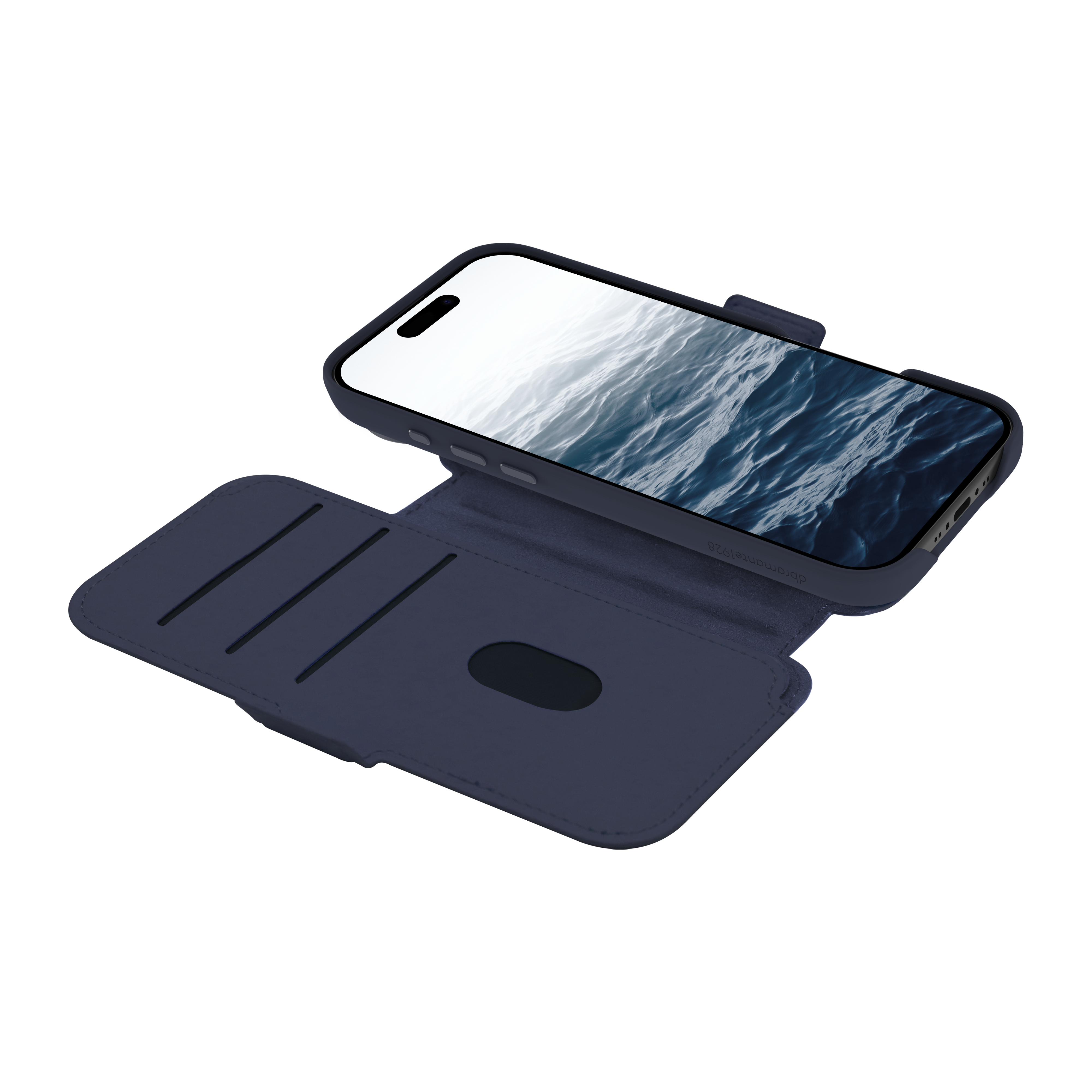 Custodia blu per telefono con telefono che mostra l'acqua. La custodia è aperta, rivelando fessure per carte. Sfondo bianco.