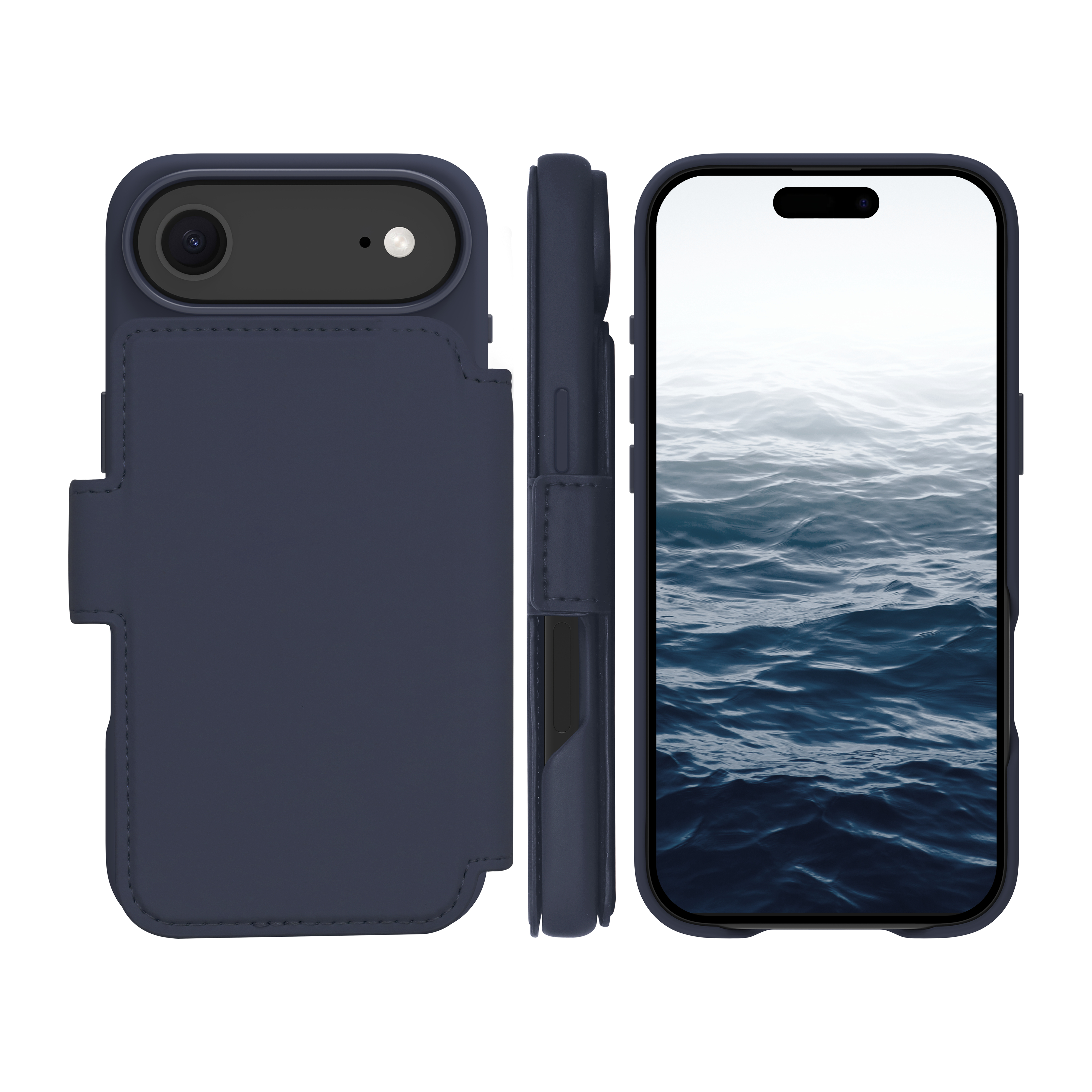 Custodia blu navy con telefono che mostra onde oceaniche. La custodia ha uno slot per schede e un ritaglio per la fotocamera.