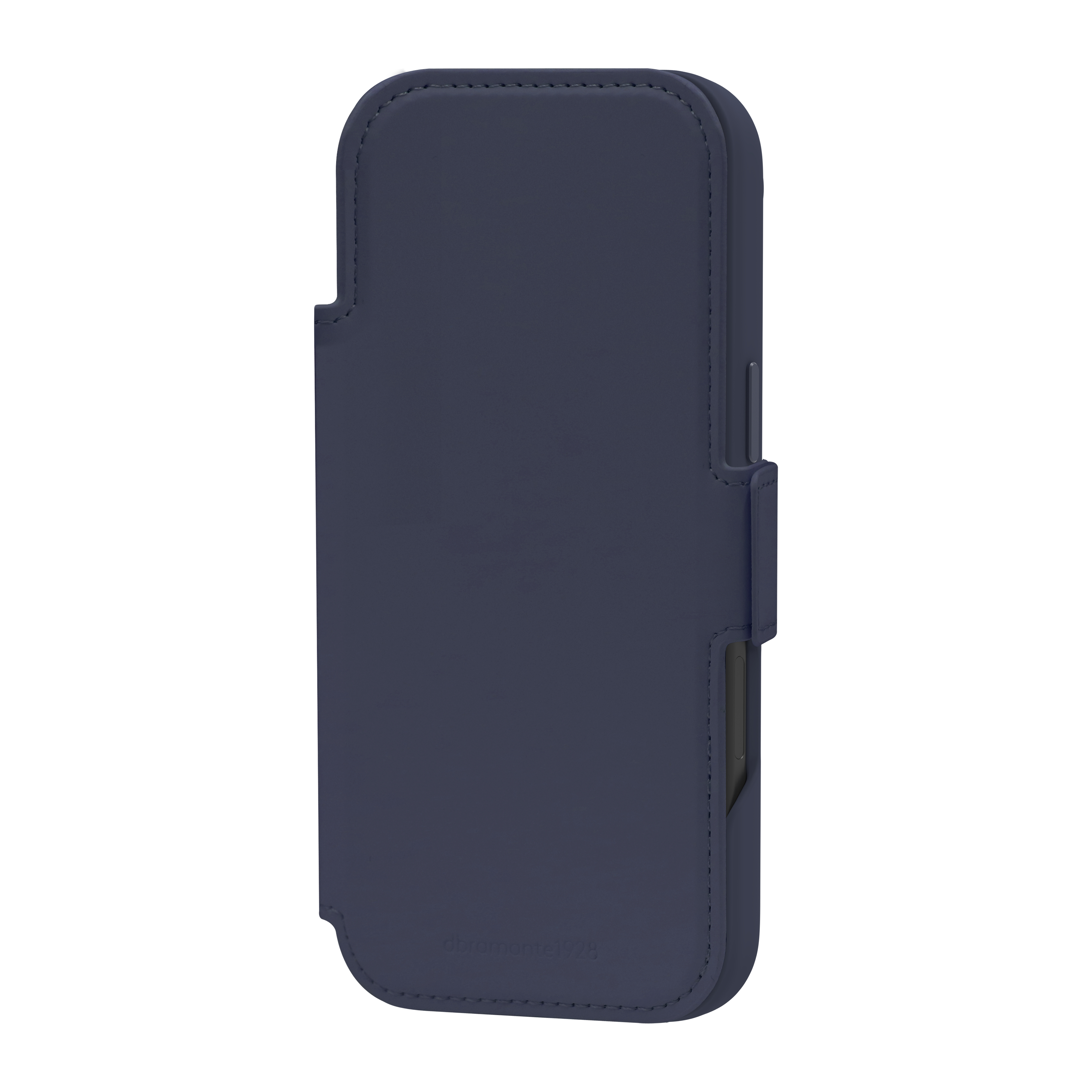 Una custodia blu navy per telefono è mostrata su sfondo bianco. Ha una patta e un bordo cucito.