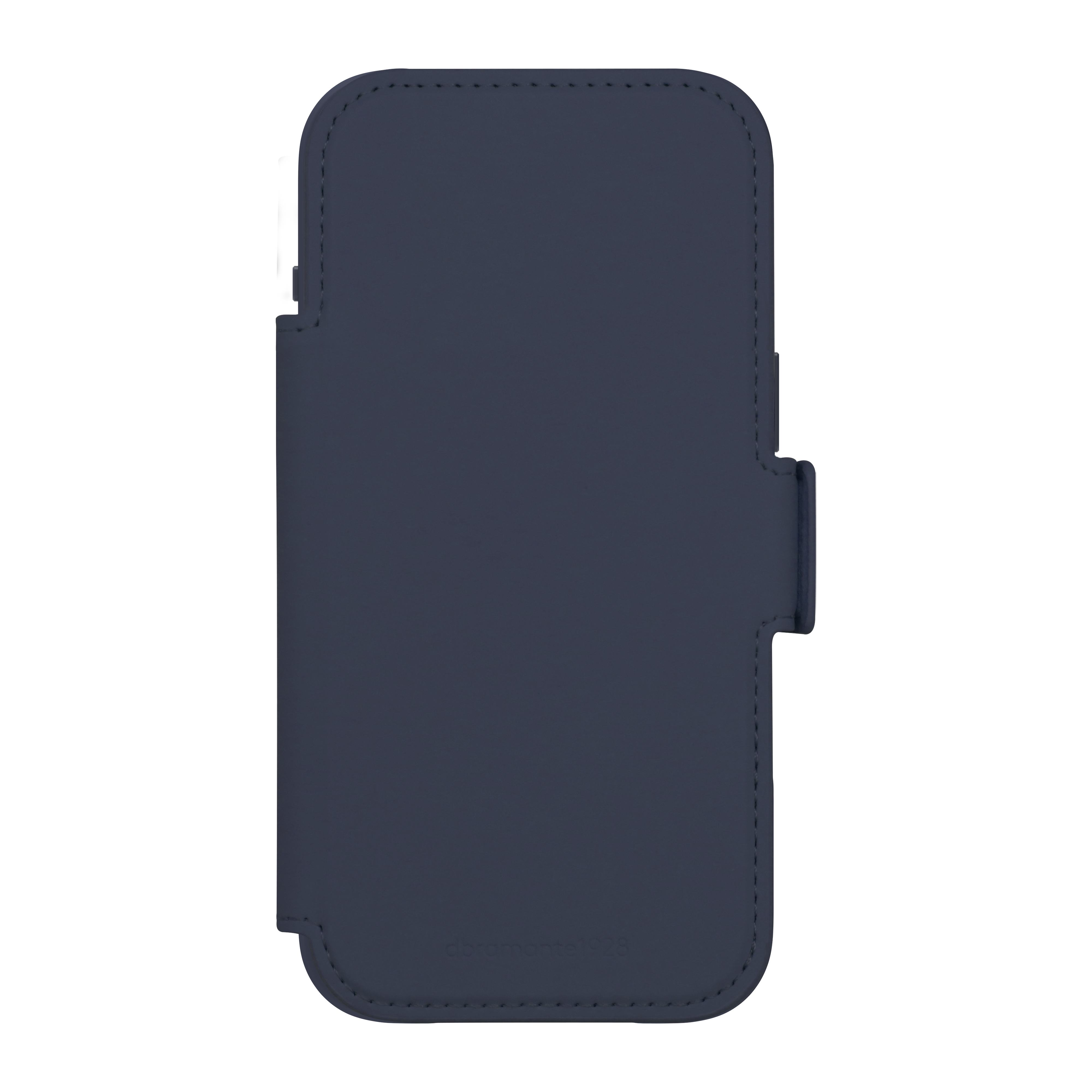 Una custodia blu navy per telefono è mostrata su sfondo bianco. Ha una chiusura magnetica.