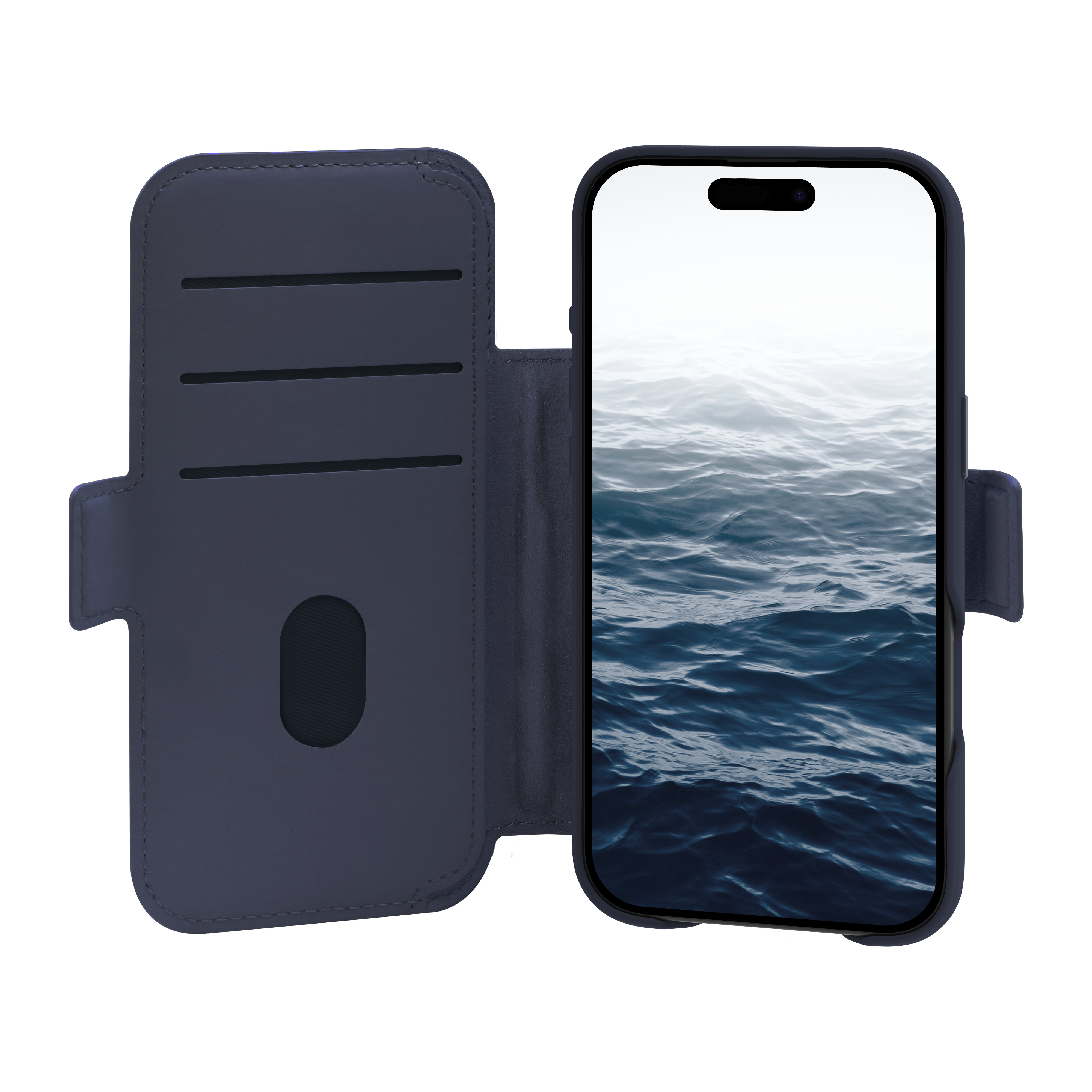 Custodia per telefono blu scuro aperta, con un telefono con un'immagine del mare sullo schermo. La custodia ha fessure per carte.