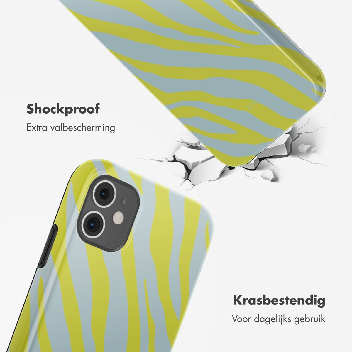 Coques de téléphone avec rayures zébrées jaunes sur bleu clair. Un étui casse une surface. Texte à gauche : Antichoc.