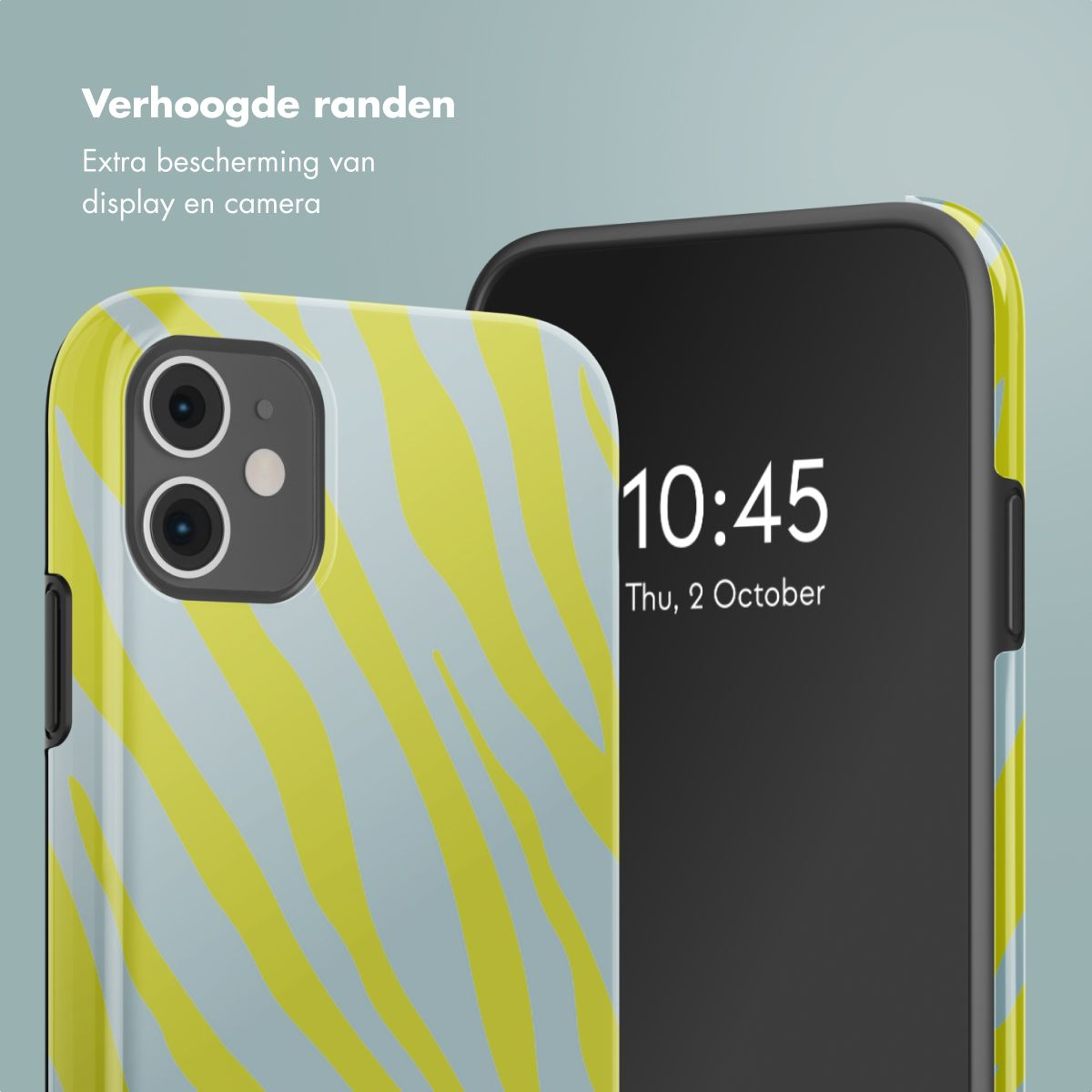 Deux smartphones avec des coques. L'un a un motif zébré jaune. L'autre affiche l'heure 10:45 sur son écran.