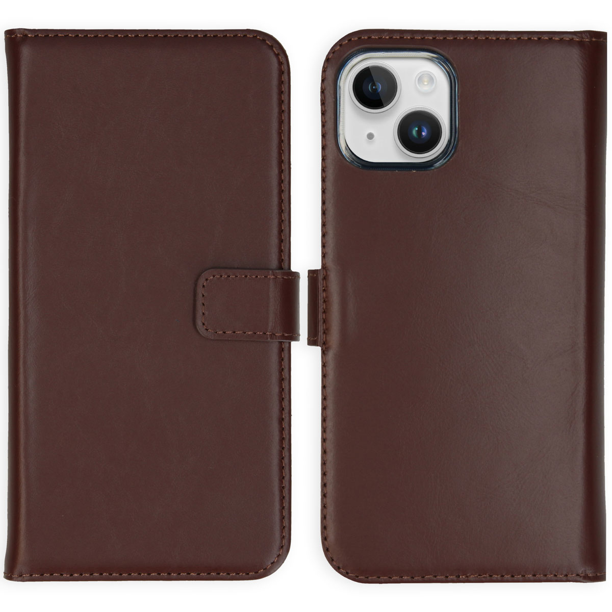 Open brown leather phone case with phone inside. The case is open, showing the phone and the inside of the case.