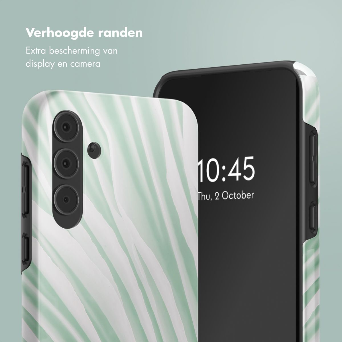 Un téléphone avec un étui à motifs est partiellement visible, montrant l'écran avec l'heure. Le texte ci-dessus indique: 'Verhoogde randen'.