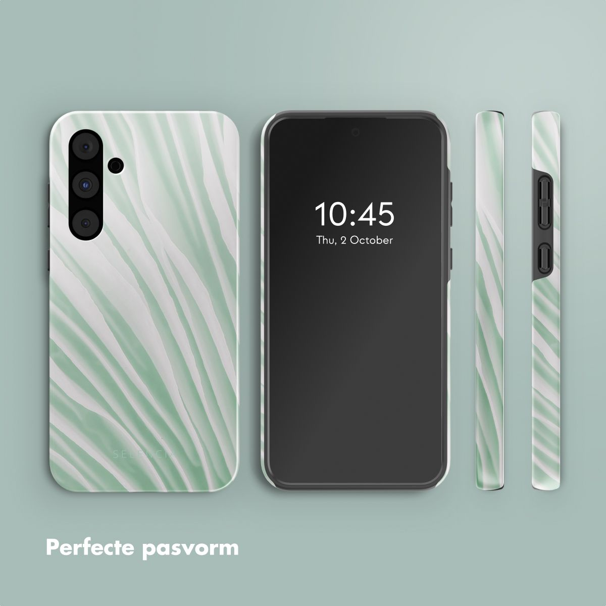 Trois coques de téléphone avec un motif de feuilles blanches et vertes sont présentées, ainsi qu'un écran de téléphone affichant l'heure et la date.
