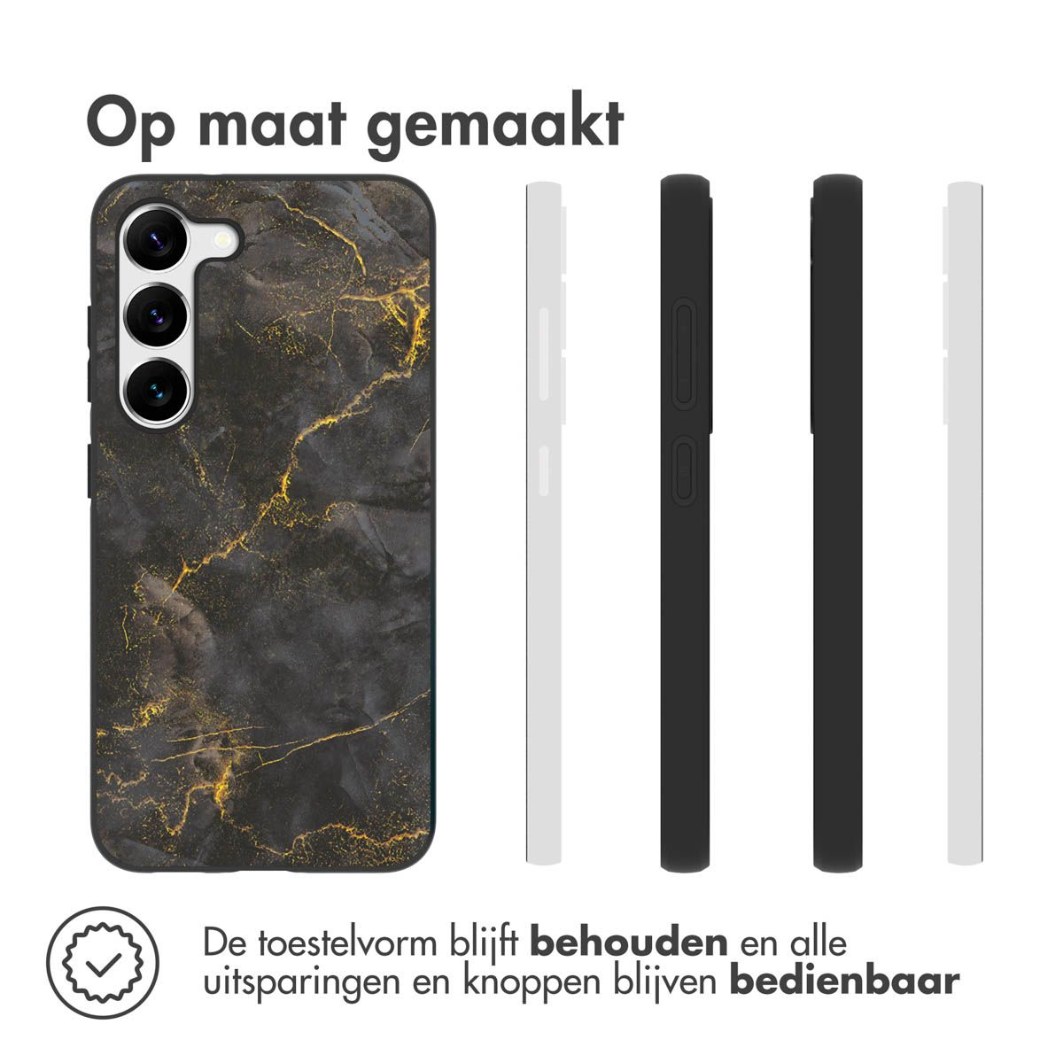 Custodia per telefono con design in marmo nero. Il testo in alto dice 'Op maat gemaakt'. Il testo in basso dice 'De toestelvorm blijft behouden...'