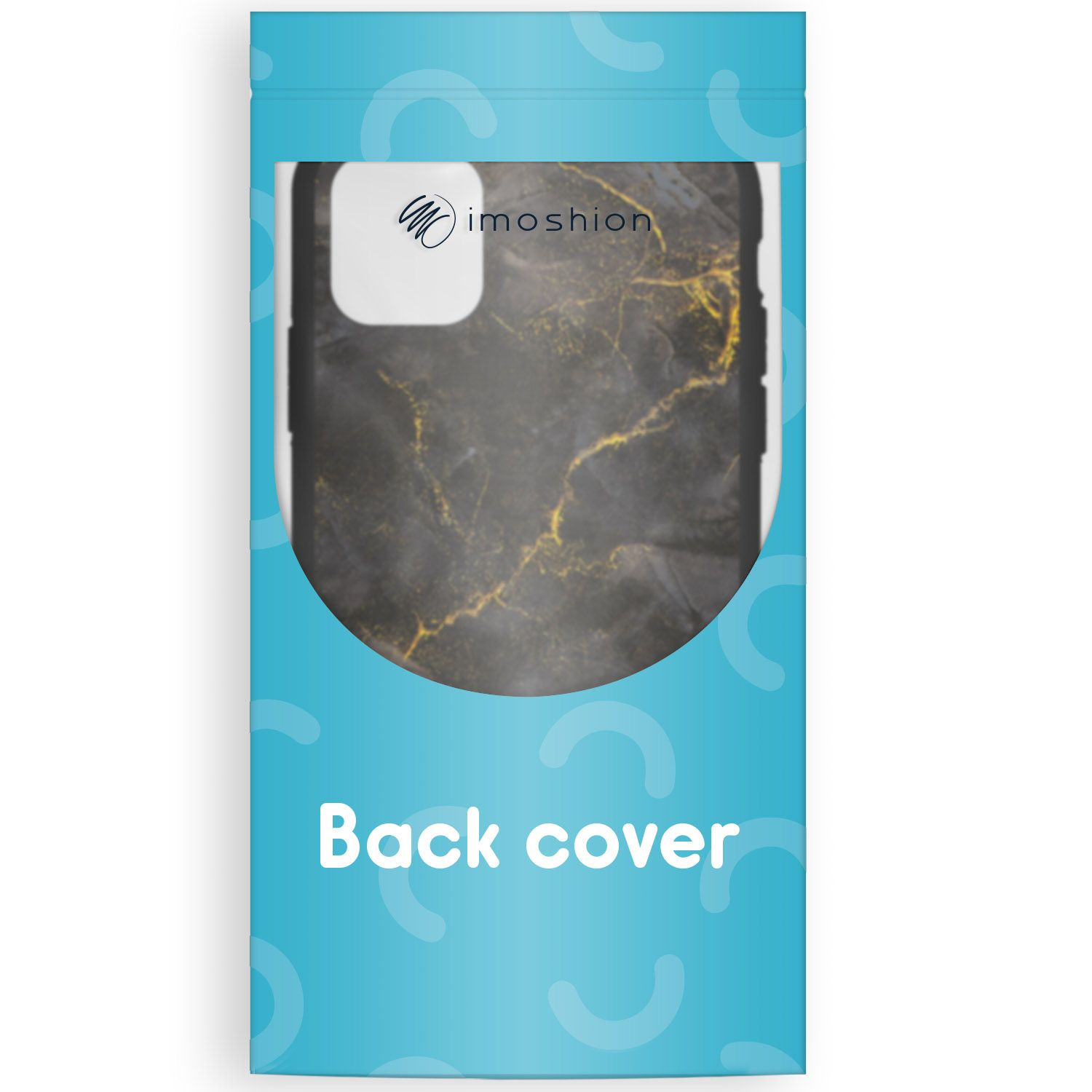 Eine Handy-Rückseite in einer türkisfarbenen Verpackung. Die Hülle ist schwarz mit goldenen Adern. Auf der Verpackung steht 'Back cover' in Weiß.