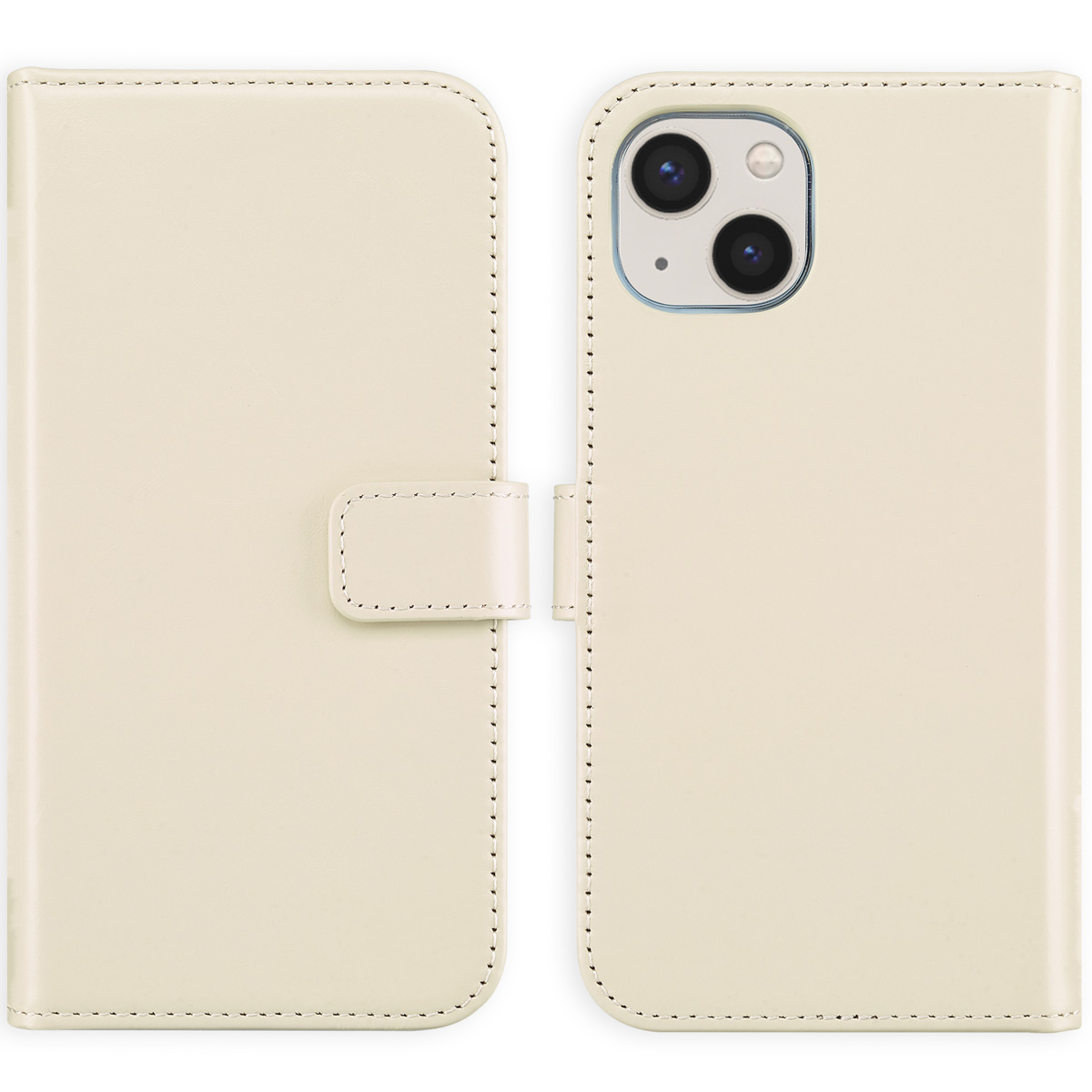 Een crèmekleurige telefoonhoes, opengeklapt om de camera van de telefoon te laten zien. De hoes is van leer en heeft een magnetische sluiting.