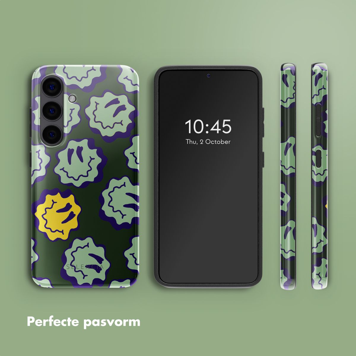 Un téléphone et des coques de téléphone avec un motif de smiley vert. Le téléphone affiche l'heure 10h45 le jeudi 2 octobre. Texte : 'Ajustement parfait'.