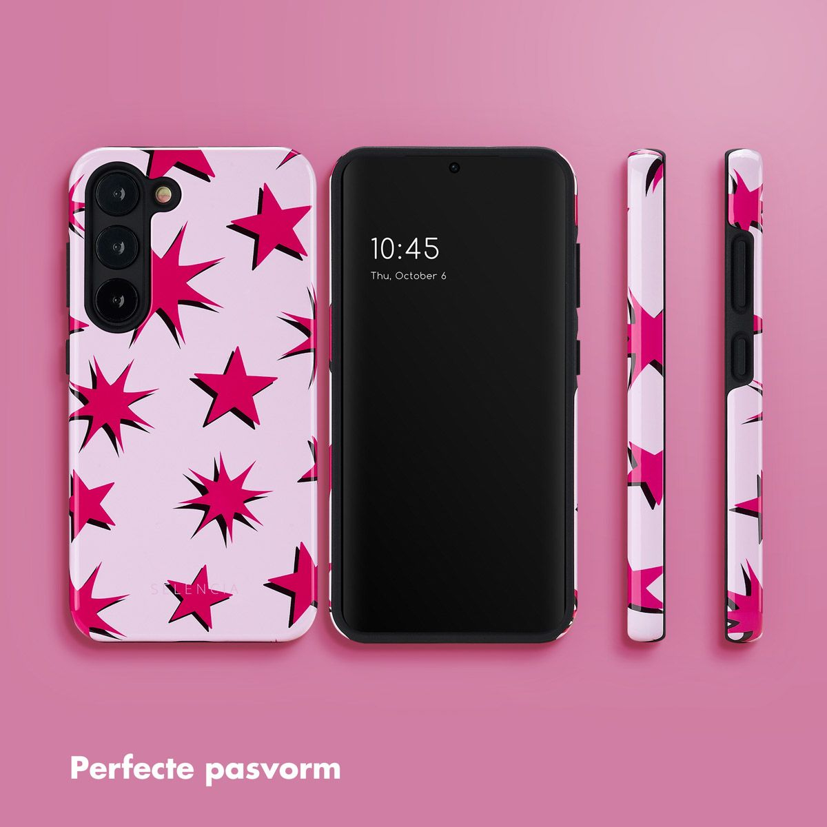 Ein Telefon und seine Hülle mit pinkfarbenem Sternmuster. Das Telefon zeigt die Uhrzeit an. Der Hintergrund ist pink.