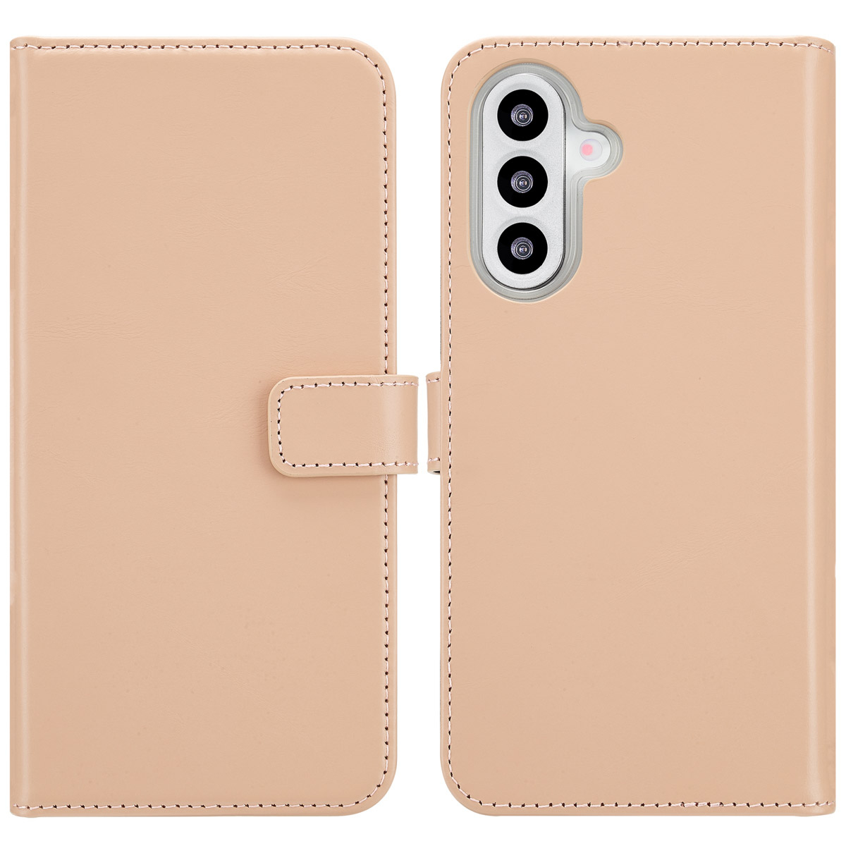 Een beige telefoonhoesje is open, de binnenkant tonend. Het heeft stiksels en een magnetische sluiting. De camera is rechts zichtbaar.