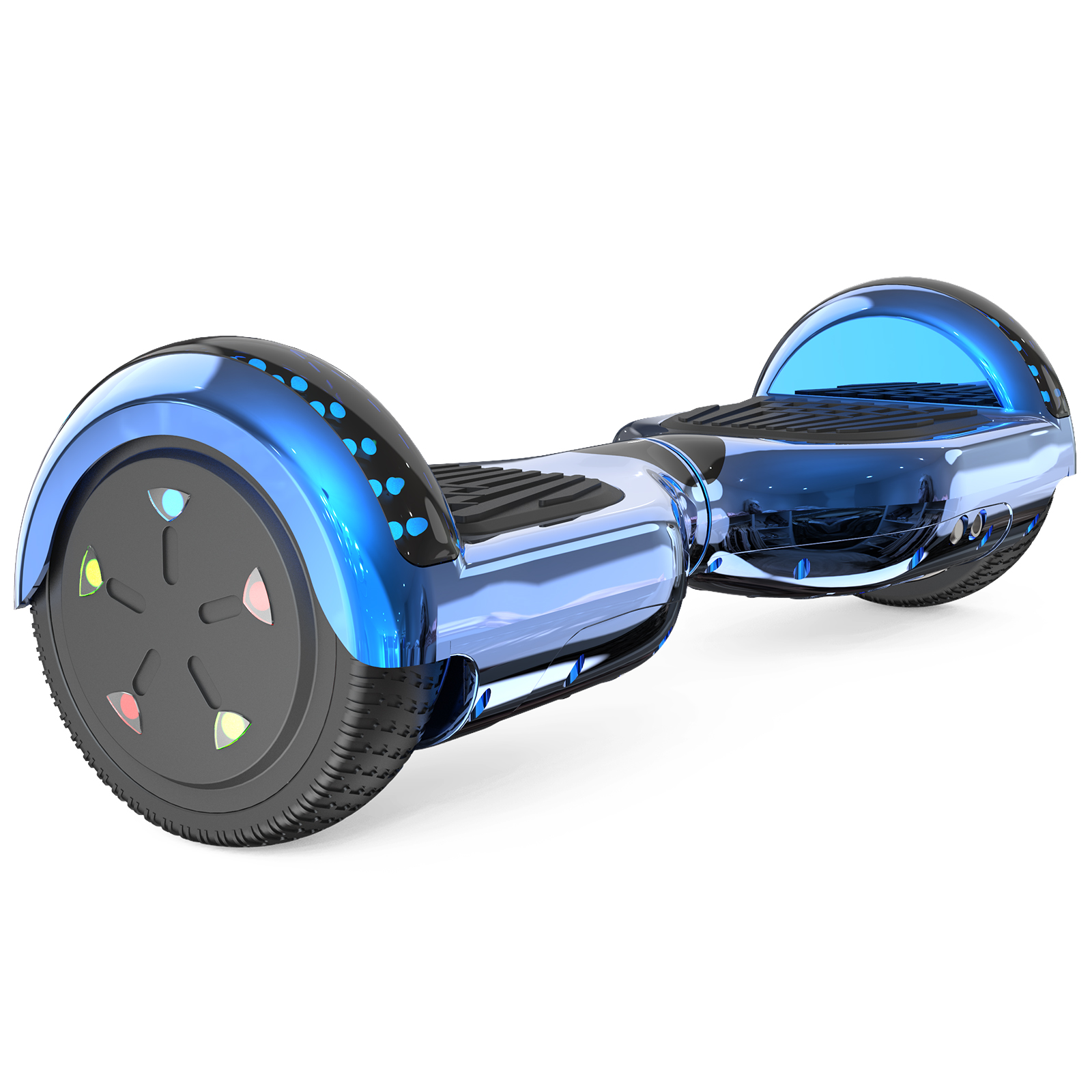 Un hoverboard azul y negro sobre un fondo blanco. Tiene luces en las ruedas y en el cuerpo.