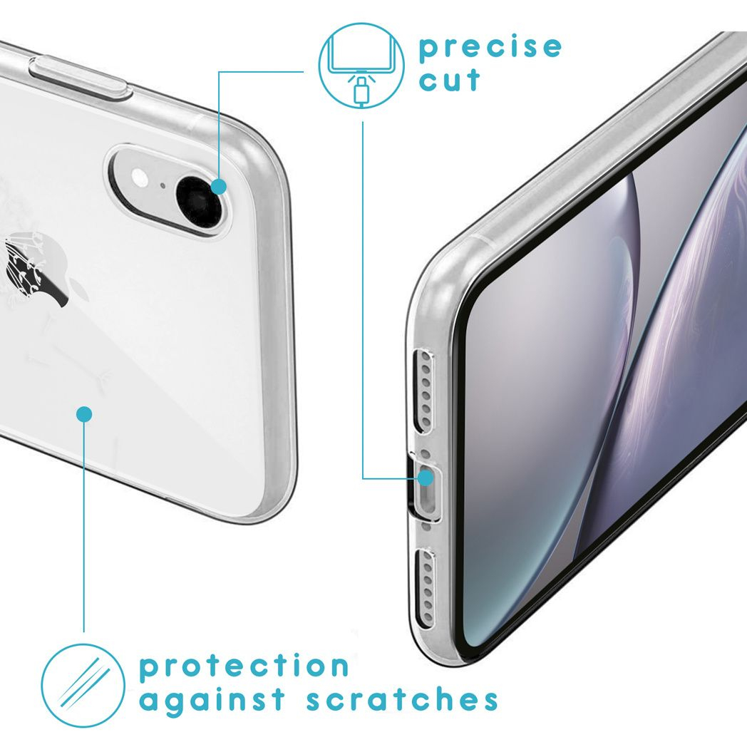 Coque de téléphone transparente avec découpes précises et protection contre les rayures, montrée sur un iPhone. Le texte met en évidence les caractéristiques.