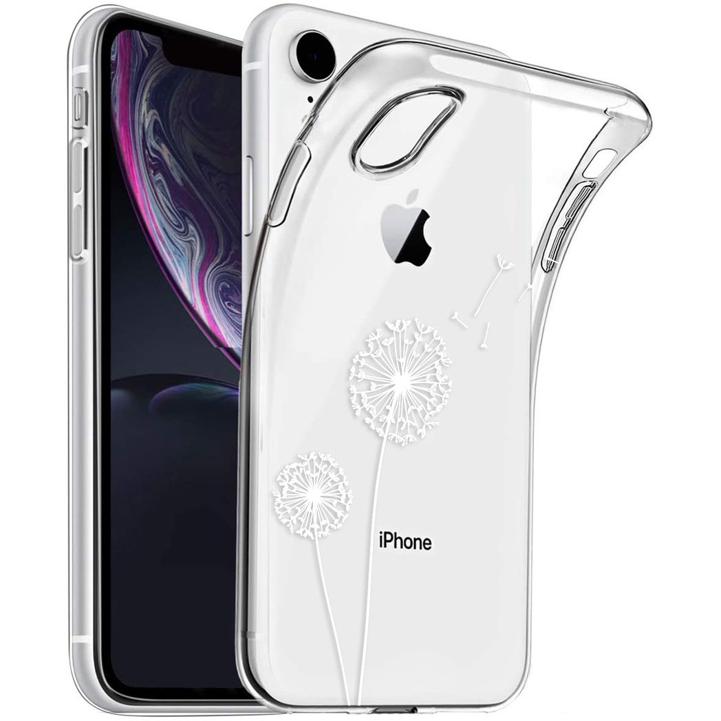 Coque transparente pour iPhone avec motif pissenlit blanc, couvrant un téléphone à écran noir.