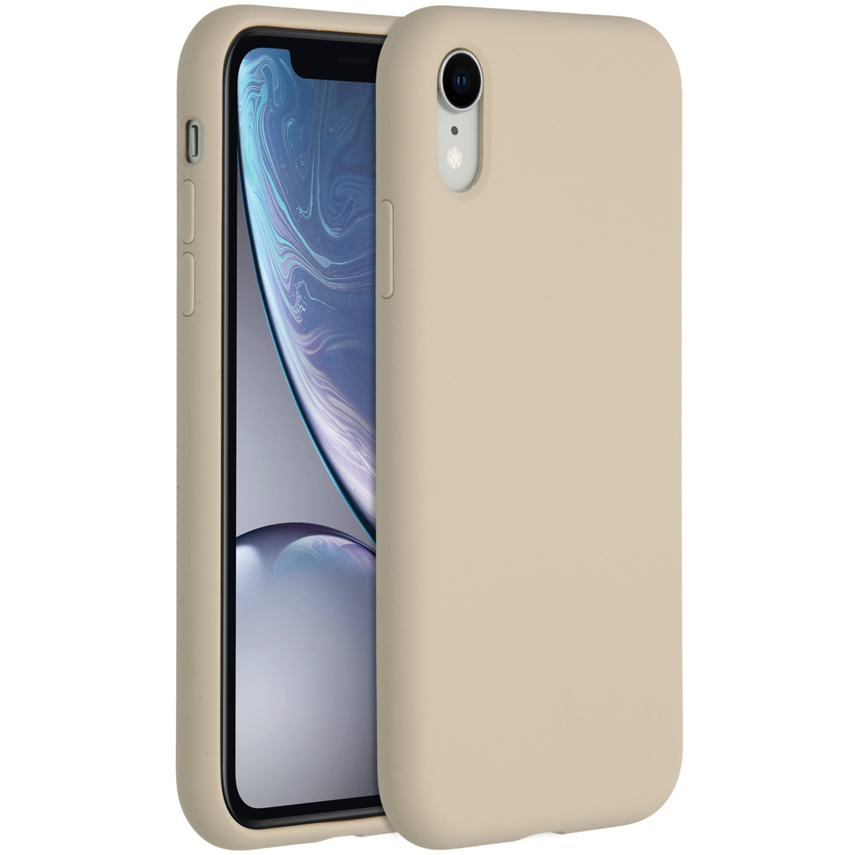 Un iPhone avec un étui beige est affiché, l'étui étant partiellement ouvert. L'écran du téléphone affiche un fond bleu et blanc.